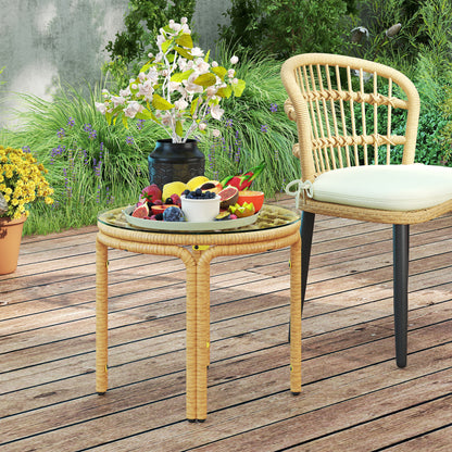 Side Table made of Poly Rattan Round Coffee Table with Glass Table Top Nightstand Garden Table Patio Furniture Coffee Table Side Table for Living Room Garden Terrace Balcony, Ø50 cm Yellow