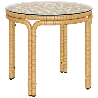 Side Table made of Poly Rattan Round Coffee Table with Glass Table Top Nightstand Garden Table Patio Furniture Coffee Table Side Table for Living Room Garden Terrace Balcony, Ø50 cm Yellow