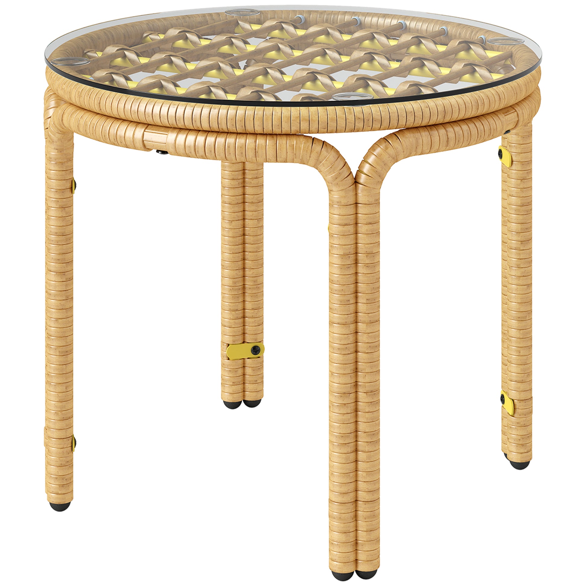 Side Table made of Poly Rattan Round Coffee Table with Glass Table Top Nightstand Garden Table Patio Furniture Coffee Table Side Table for Living Room Garden Terrace Balcony, Ø50 cm Yellow