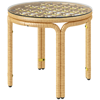 Side Table made of Poly Rattan Round Coffee Table with Glass Table Top Nightstand Garden Table Patio Furniture Coffee Table Side Table for Living Room Garden Terrace Balcony, Ø50 cm Yellow