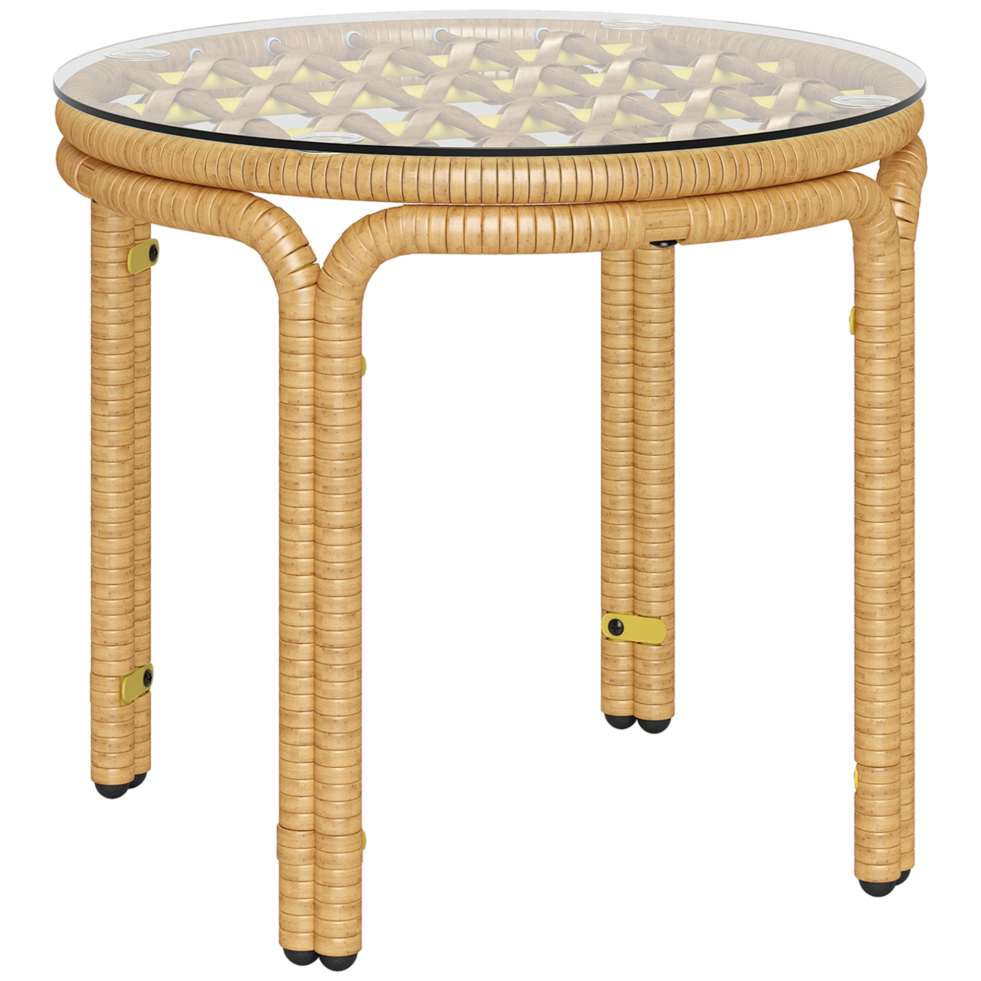 Side Table made of Poly Rattan Round Coffee Table with Glass Table Top Nightstand Garden Table Patio Furniture Coffee Table Side Table for Living Room Garden Terrace Balcony, Ø50 cm Yellow