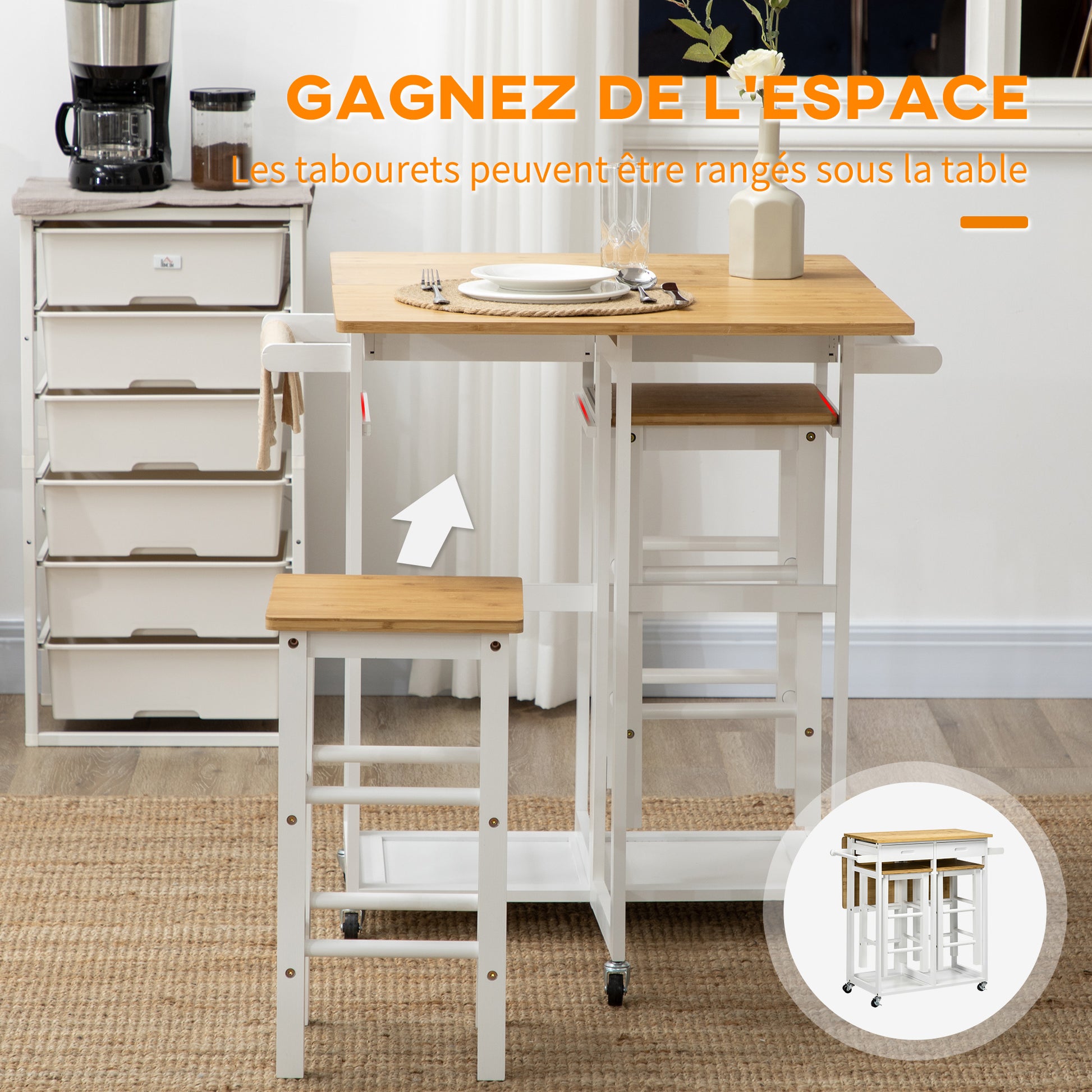 Bar Table Set Kitchen Cart Folding Kitchen Table on Wheels + 2 Stools White and Light Wood - 2 Drawers and Towel Holder