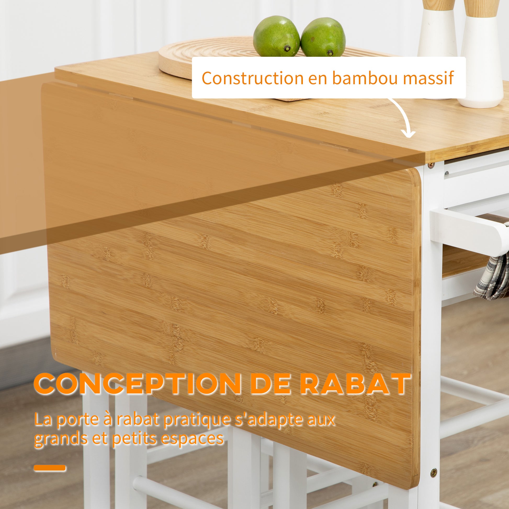 Bar Table Set Kitchen Cart Folding Kitchen Table on Wheels + 2 Stools White and Light Wood - 2 Drawers and Towel Holder