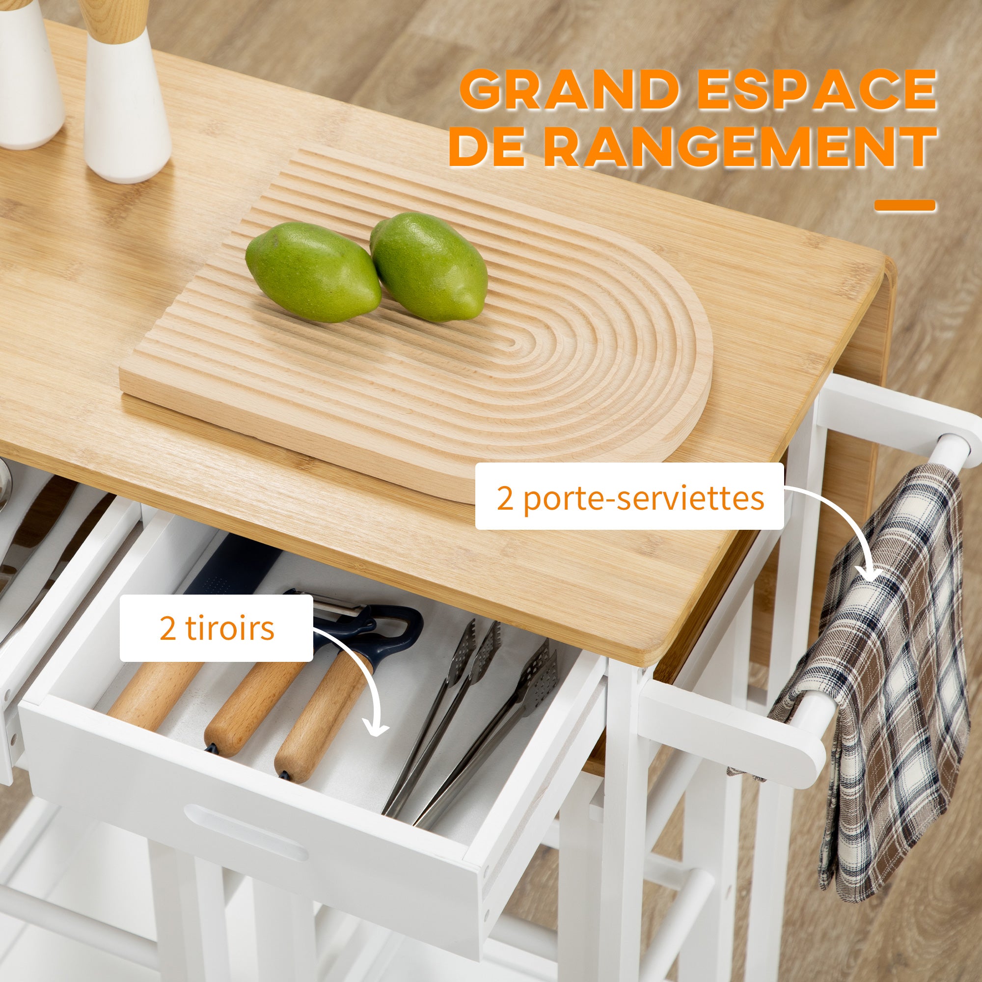 Bar Table Set Kitchen Cart Folding Kitchen Table on Wheels + 2 Stools White and Light Wood - 2 Drawers and Towel Holder