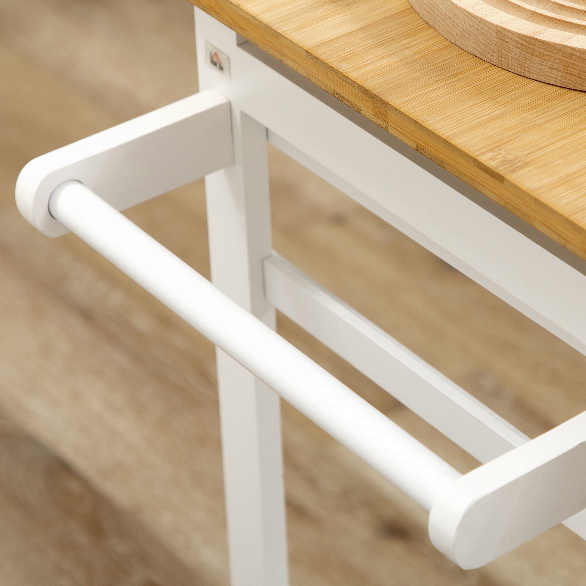 Bar Table Set Kitchen Cart Folding Kitchen Table on Wheels + 2 Stools White and Light Wood - 2 Drawers and Towel Holder