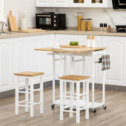 Bar Table Set Kitchen Cart Folding Kitchen Table on Wheels + 2 Stools White and Light Wood - 2 Drawers and Towel Holder