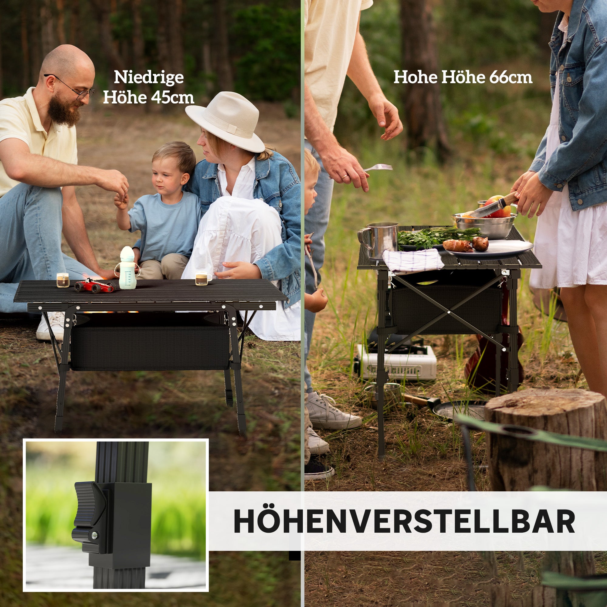 Adjustable Height Camping Table Folding Table with Storage Basket Portable Aluminum Garden Table Lightweight Multifunctional Table Foldable Table for Garden Balcony Camping Picnic 90 x 55cm Black