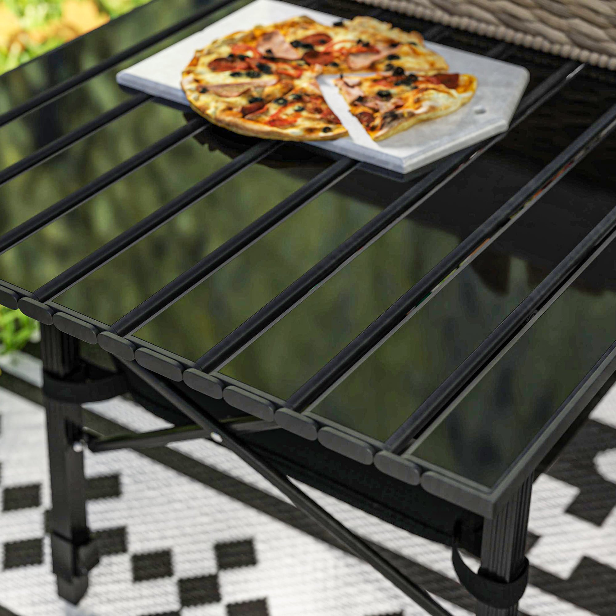 Adjustable Height Camping Table Folding Table with Storage Basket Portable Aluminum Garden Table Lightweight Multifunctional Table Foldable Table for Garden Balcony Camping Picnic 90 x 55cm Black