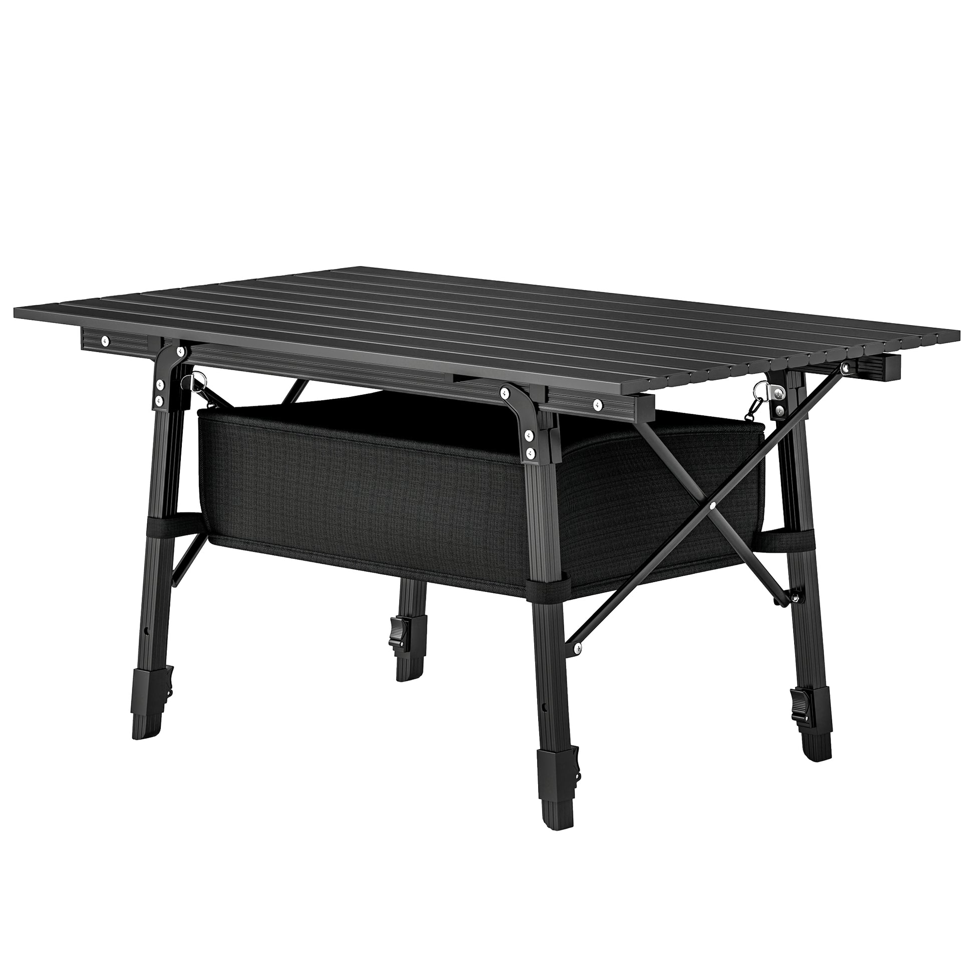 Adjustable Height Camping Table Folding Table with Storage Basket Portable Aluminum Garden Table Lightweight Multifunctional Table Foldable Table for Garden Balcony Camping Picnic 90 x 55cm Black
