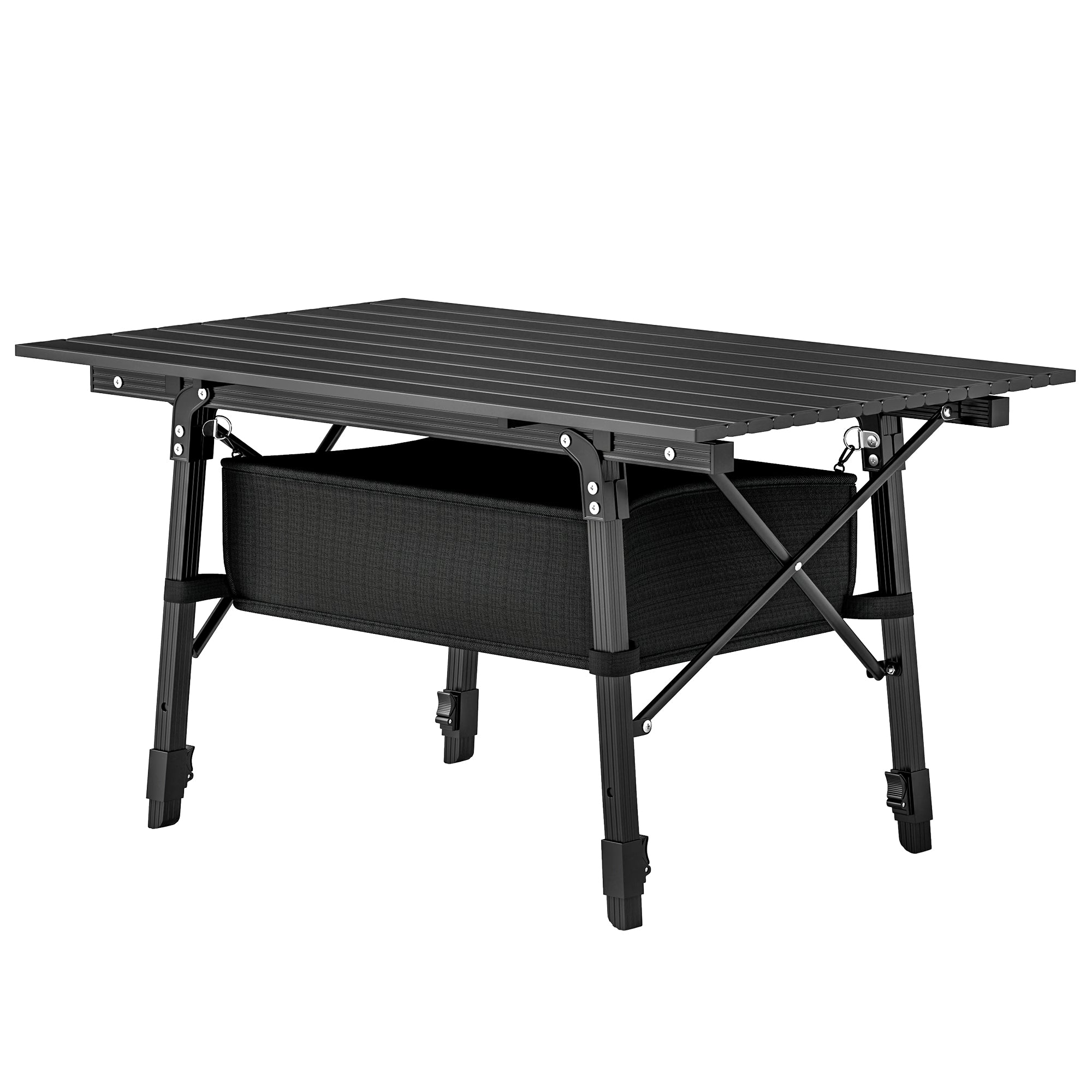 Adjustable Height Camping Table Folding Table with Storage Basket Portable Aluminum Garden Table Lightweight Multifunctional Table Foldable Table for Garden Balcony Camping Picnic 90 x 55cm Black