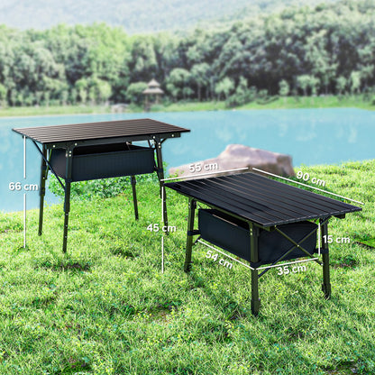 Adjustable Height Camping Table Folding Table with Storage Basket Portable Aluminum Garden Table Lightweight Multifunctional Table Foldable Table for Garden Balcony Camping Picnic 90 x 55cm Black