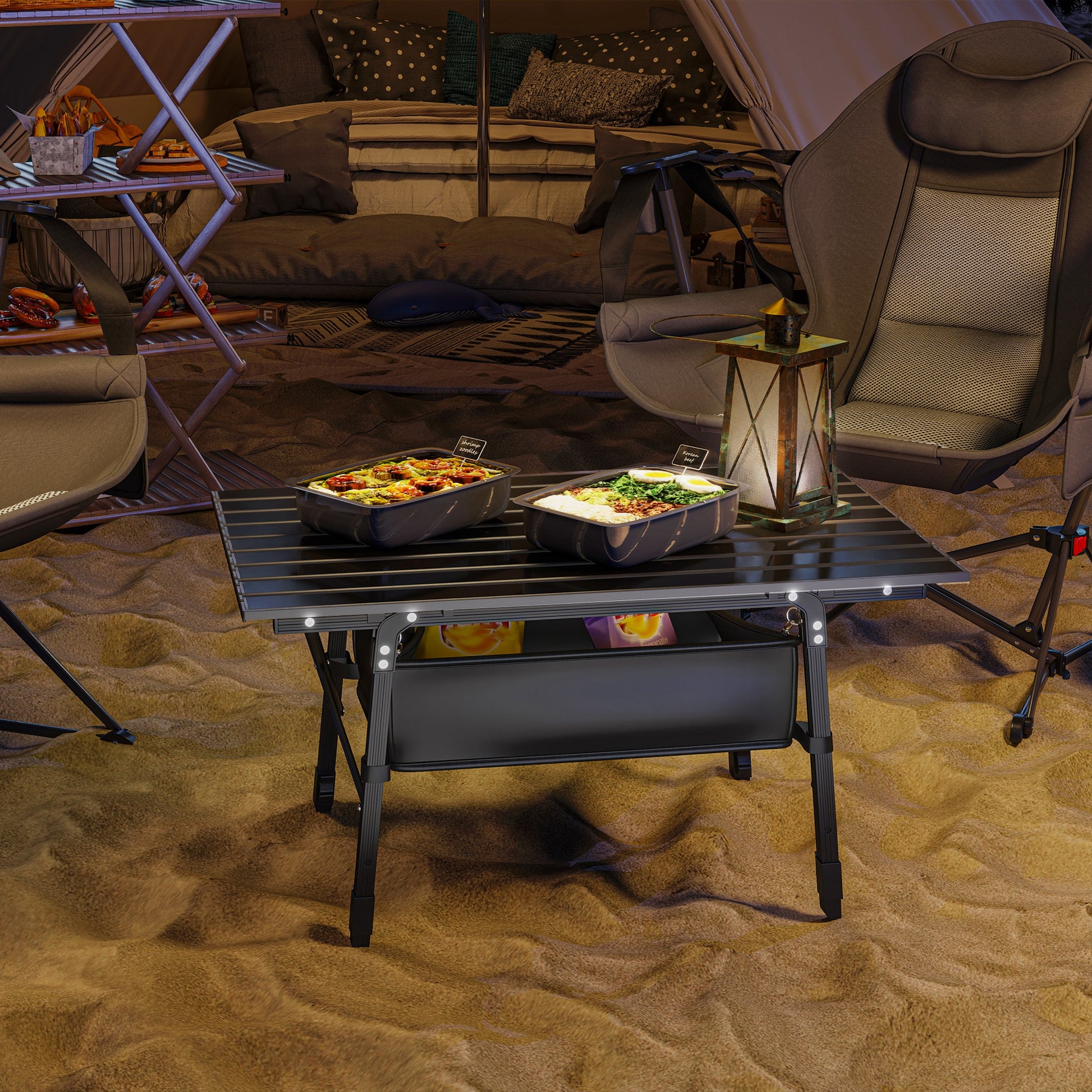 Adjustable Height Camping Table Folding Table with Storage Basket Portable Aluminum Garden Table Lightweight Multifunctional Table Foldable Table for Garden Balcony Camping Picnic 90 x 55cm Black