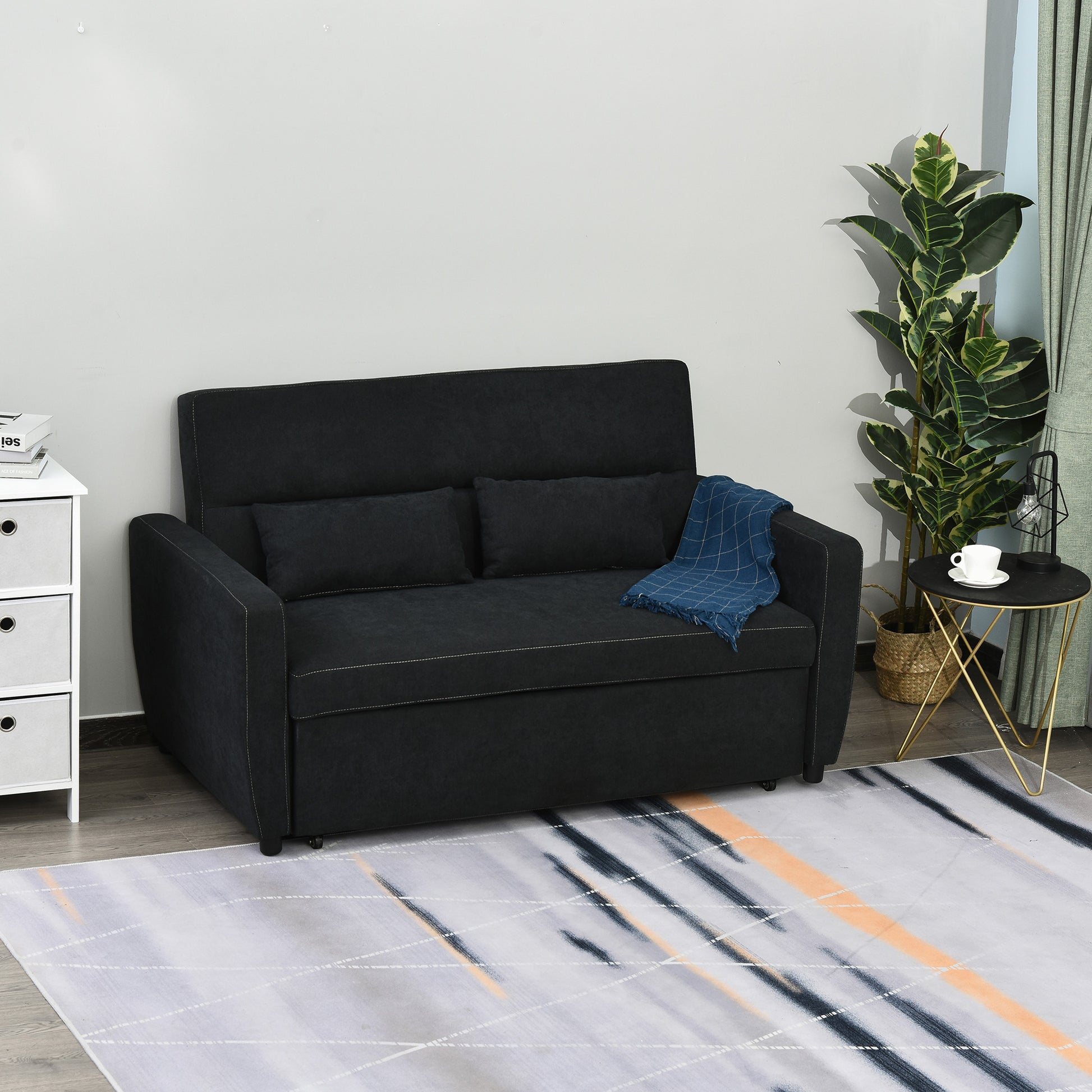 Sleeper Sofa, 2-Seater Sofa with Sleeping Function, Adjustable Backrest, Couch with Cushions, Velvet Look, Sofa Bed for Living Room, Guest Room, Black