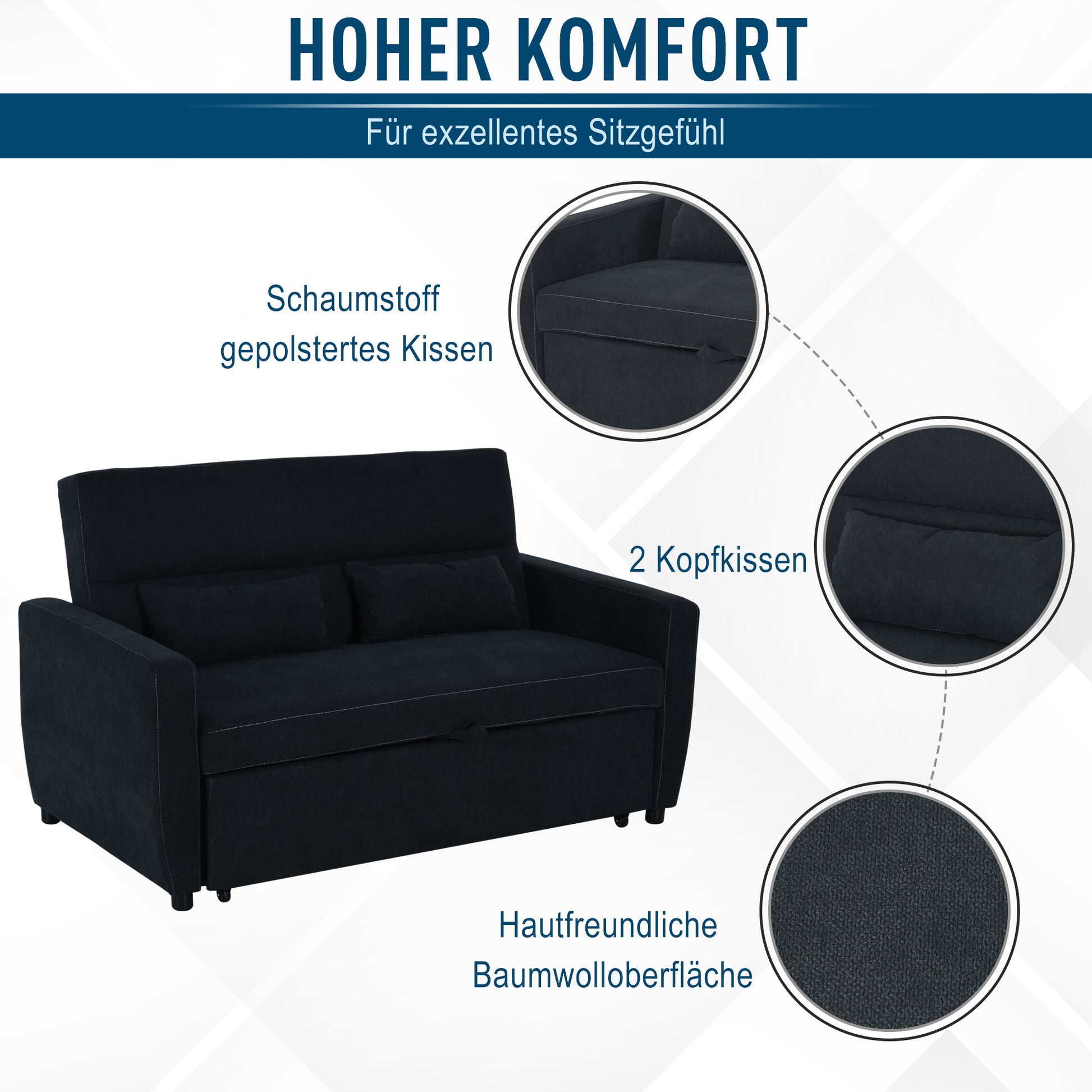 Sleeper Sofa, 2-Seater Sofa with Sleeping Function, Adjustable Backrest, Couch with Cushions, Velvet Look, Sofa Bed for Living Room, Guest Room, Black