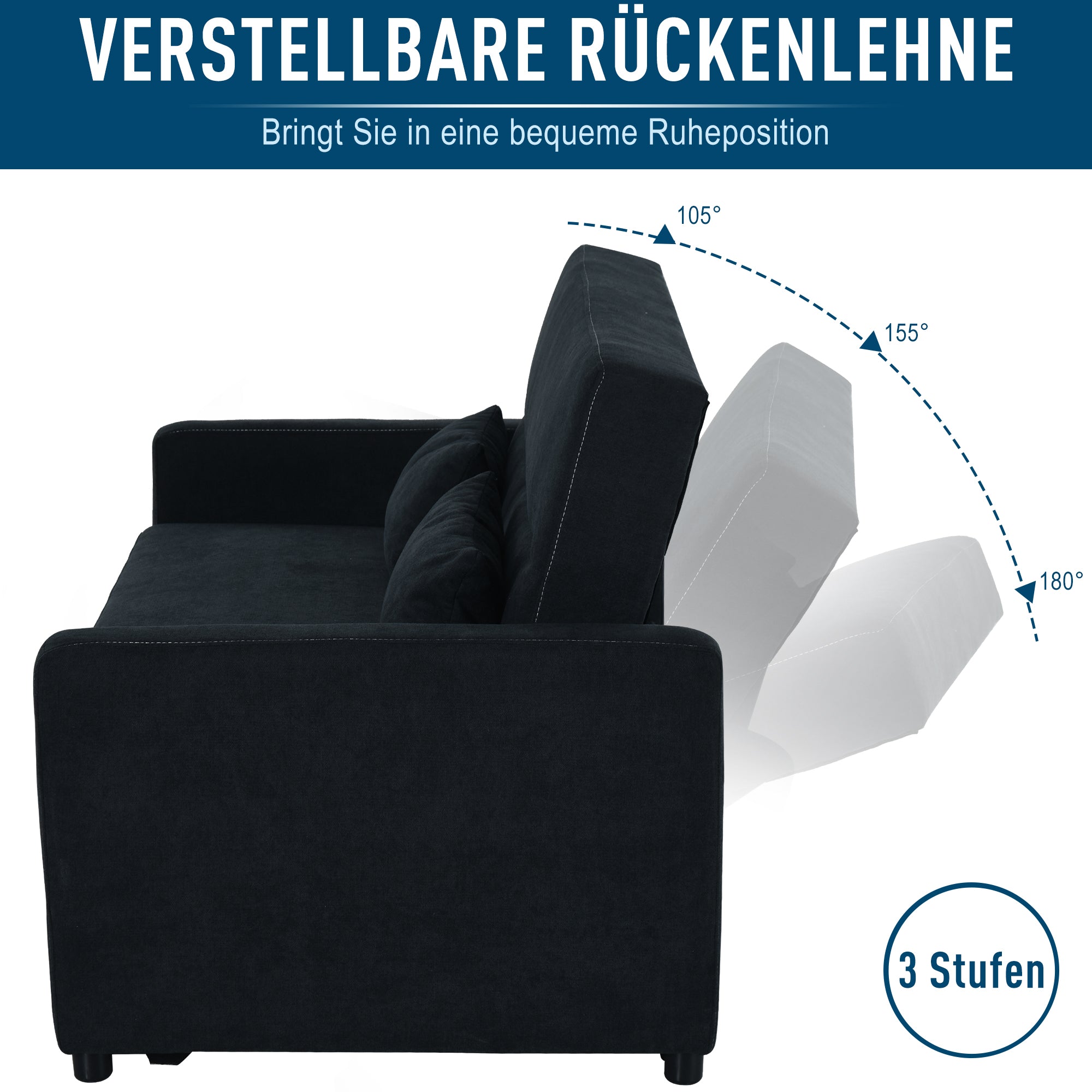 Sleeper Sofa, 2-Seater Sofa with Sleeping Function, Adjustable Backrest, Couch with Cushions, Velvet Look, Sofa Bed for Living Room, Guest Room, Black