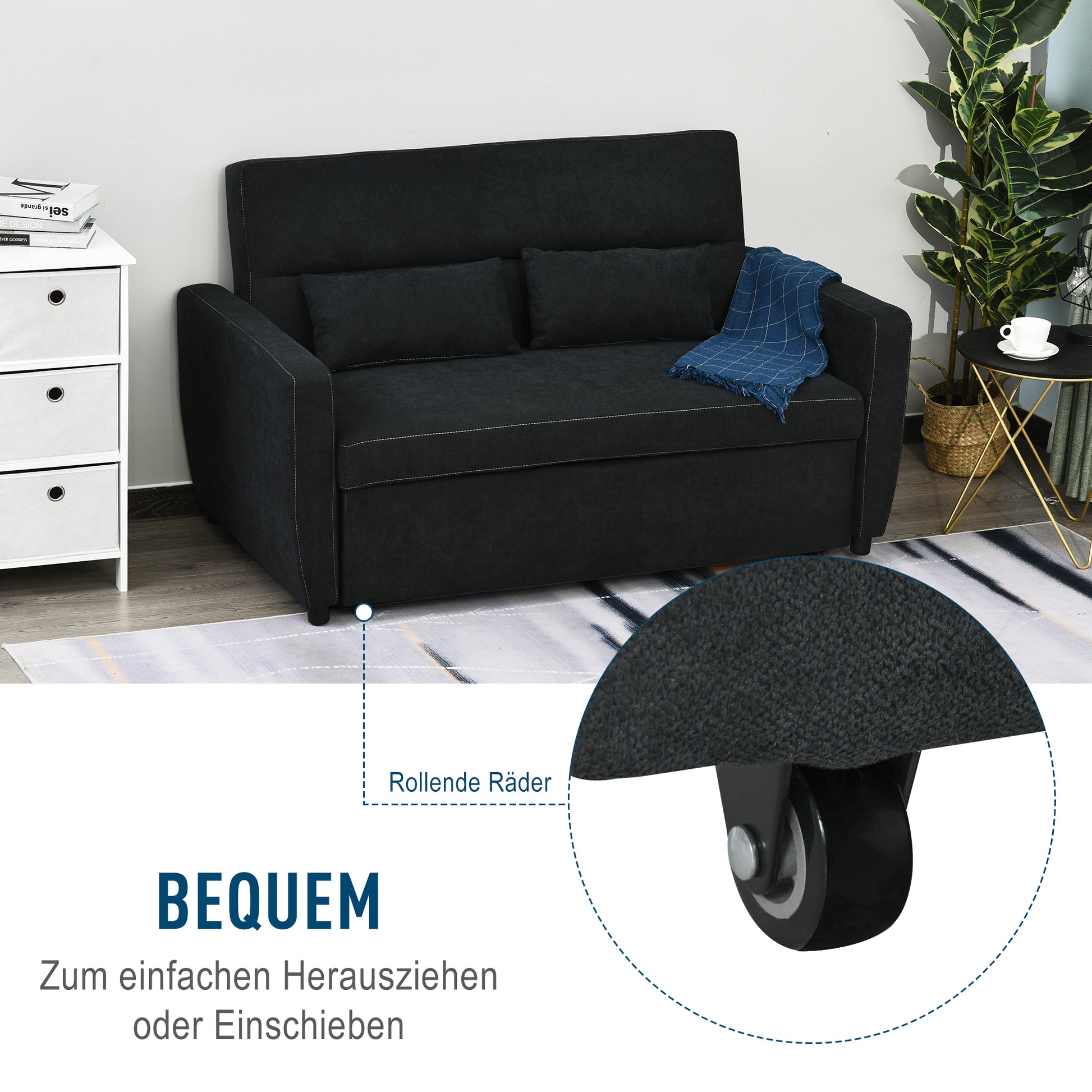 Sleeper Sofa, 2-Seater Sofa with Sleeping Function, Adjustable Backrest, Couch with Cushions, Velvet Look, Sofa Bed for Living Room, Guest Room, Black