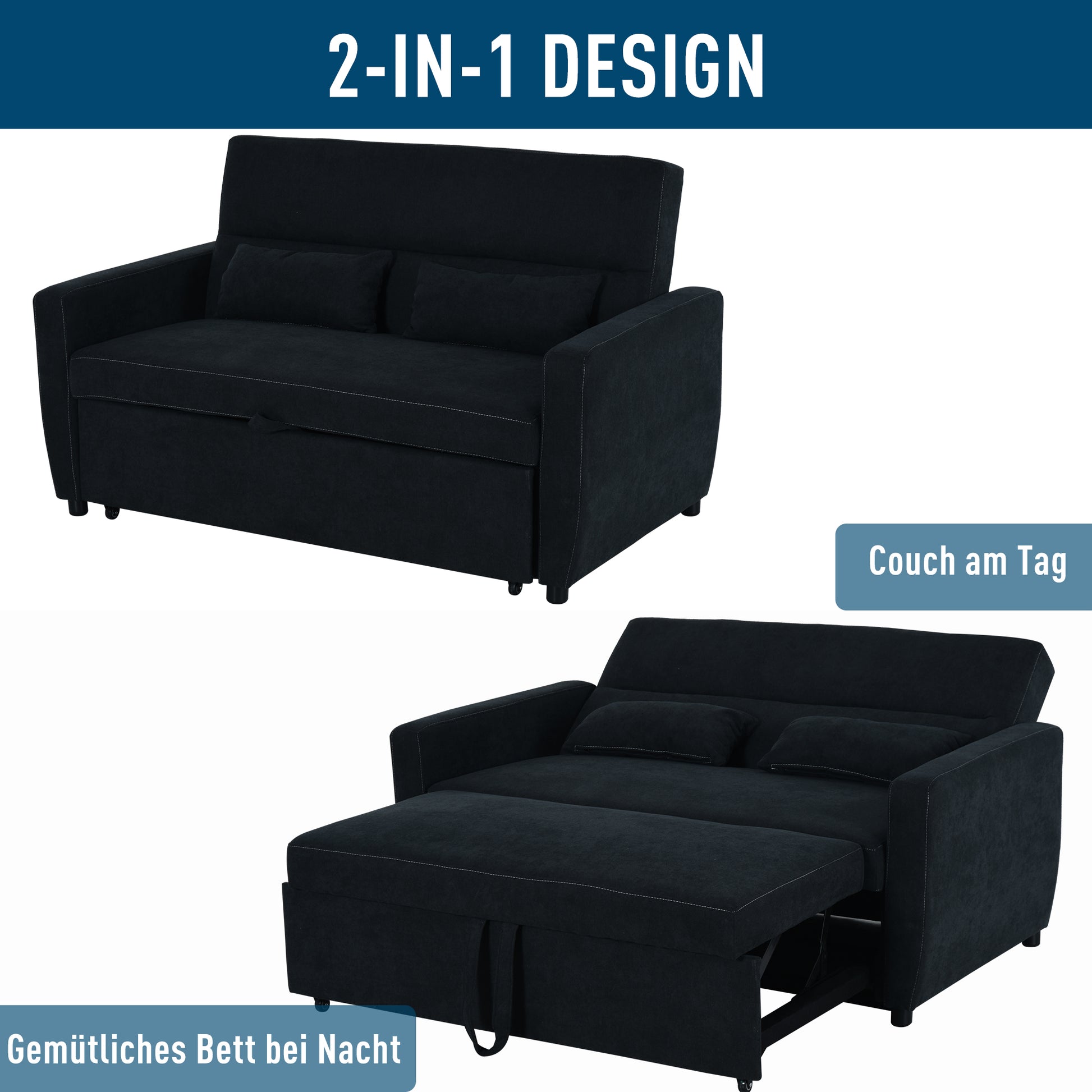 Sleeper Sofa, 2-Seater Sofa with Sleeping Function, Adjustable Backrest, Couch with Cushions, Velvet Look, Sofa Bed for Living Room, Guest Room, Black
