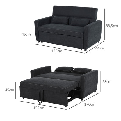 Sleeper Sofa, 2-Seater Sofa with Sleeping Function, Adjustable Backrest, Couch with Cushions, Velvet Look, Sofa Bed for Living Room, Guest Room, Black