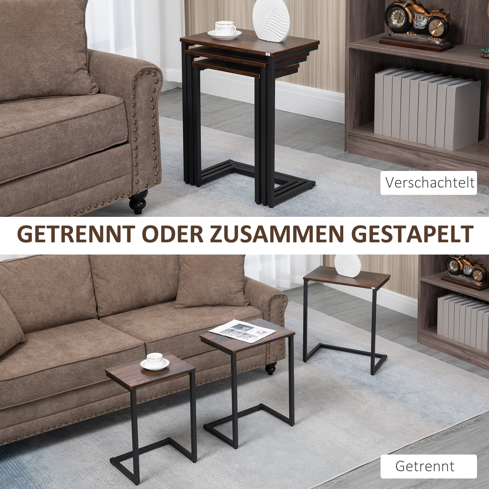 3-Piece Nesting Tables, Space-Saving Side Tables, C-Shaped Coffee Tables with Steel Frame in Industrial Design for Living Room Rustic Brown