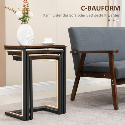 3-Piece Nesting Tables, Space-Saving Side Tables, C-Shaped Coffee Tables with Steel Frame in Industrial Design for Living Room Rustic Brown