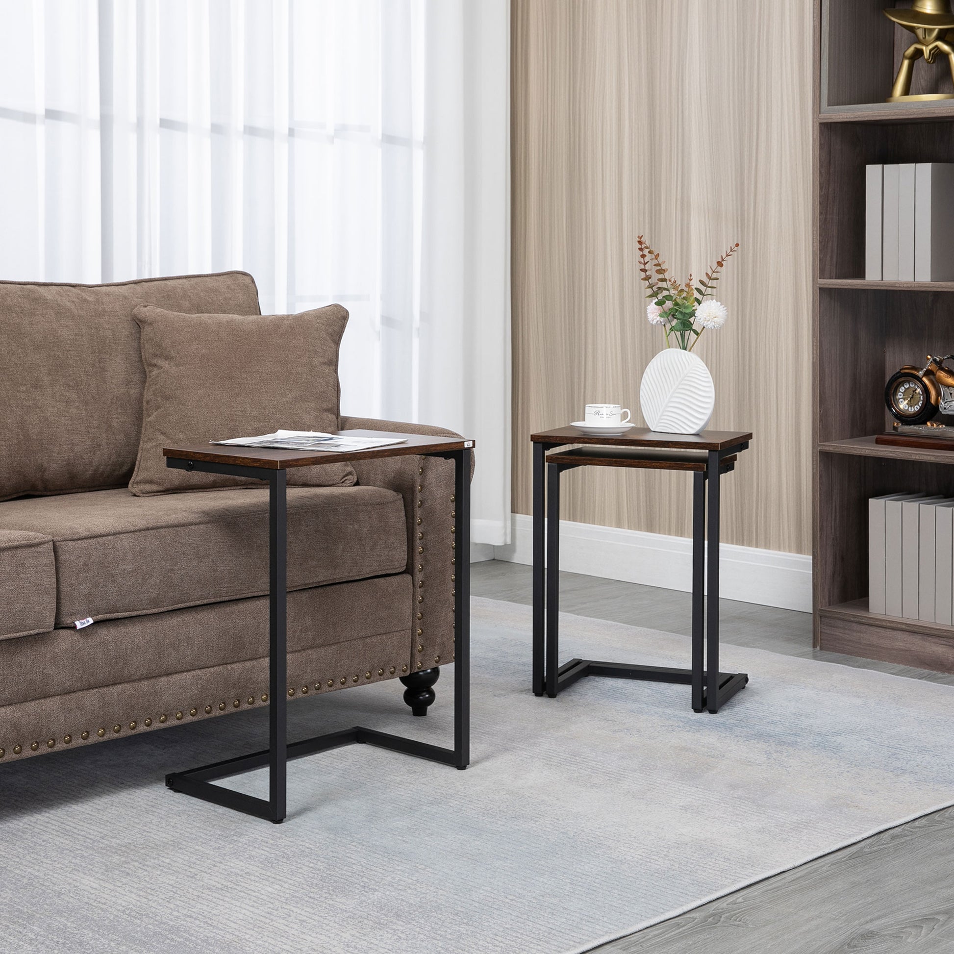 3-Piece Nesting Tables, Space-Saving Side Tables, C-Shaped Coffee Tables with Steel Frame in Industrial Design for Living Room Rustic Brown
