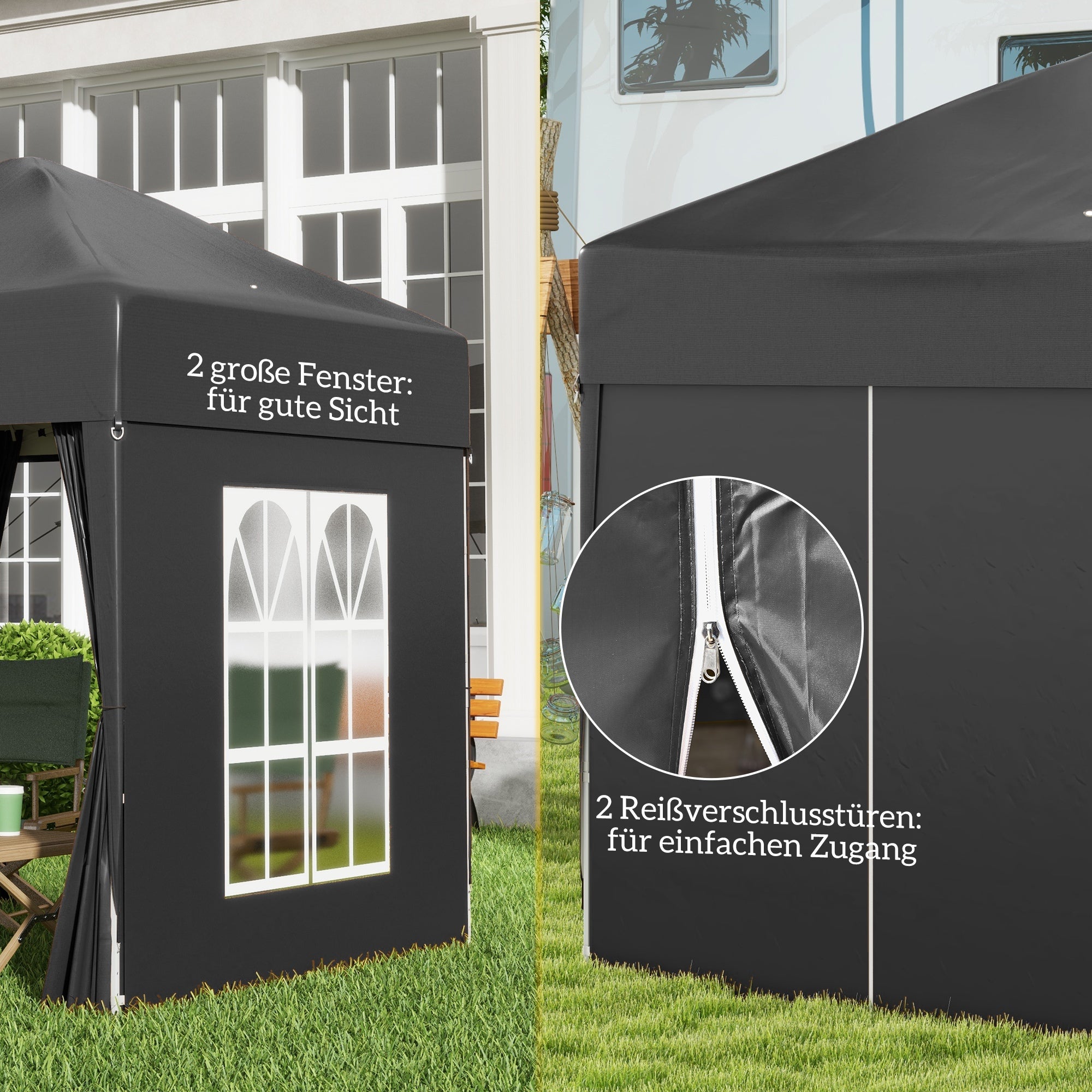Pavilion 2x2m Waterproof, Pop-up Folding Pavilion with 4 Side Walls, Drainage Holes Window, Foldable Party Tent UV 30+, Garden Gazebo with Carrying Bag, Garden Pavilion for Terrace, Black
