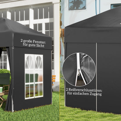 Pavilion 2x2m Waterproof, Pop-up Folding Pavilion with 4 Side Walls, Drainage Holes Window, Foldable Party Tent UV 30+, Garden Gazebo with Carrying Bag, Garden Pavilion for Terrace, Black