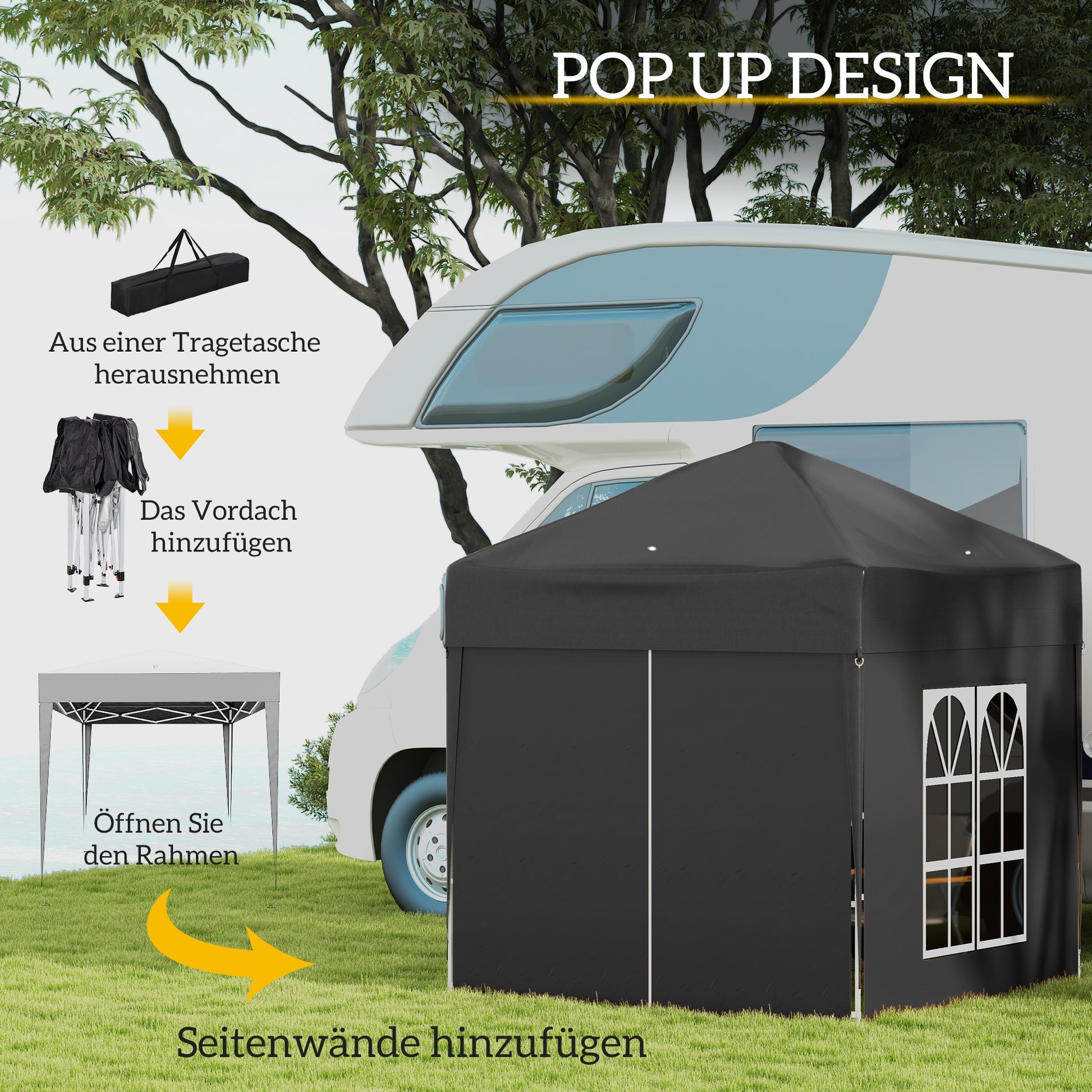 Pavilion 2x2m Waterproof, Pop-up Folding Pavilion with 4 Side Walls, Drainage Holes Window, Foldable Party Tent UV 30+, Garden Gazebo with Carrying Bag, Garden Pavilion for Terrace, Black