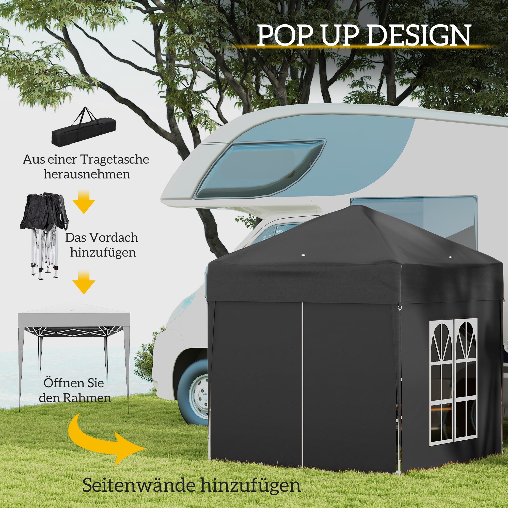 Pavilion 2x2m Waterproof, Pop-up Folding Pavilion with 4 Side Walls, Drainage Holes Window, Foldable Party Tent UV 30+, Garden Gazebo with Carrying Bag, Garden Pavilion for Terrace, Black