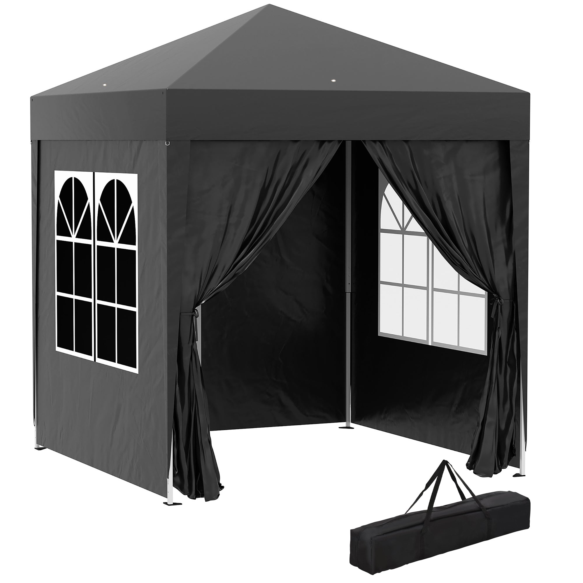 Pavilion 2x2m Waterproof, Pop-up Folding Pavilion with 4 Side Walls, Drainage Holes Window, Foldable Party Tent UV 30+, Garden Gazebo with Carrying Bag, Garden Pavilion for Terrace, Black