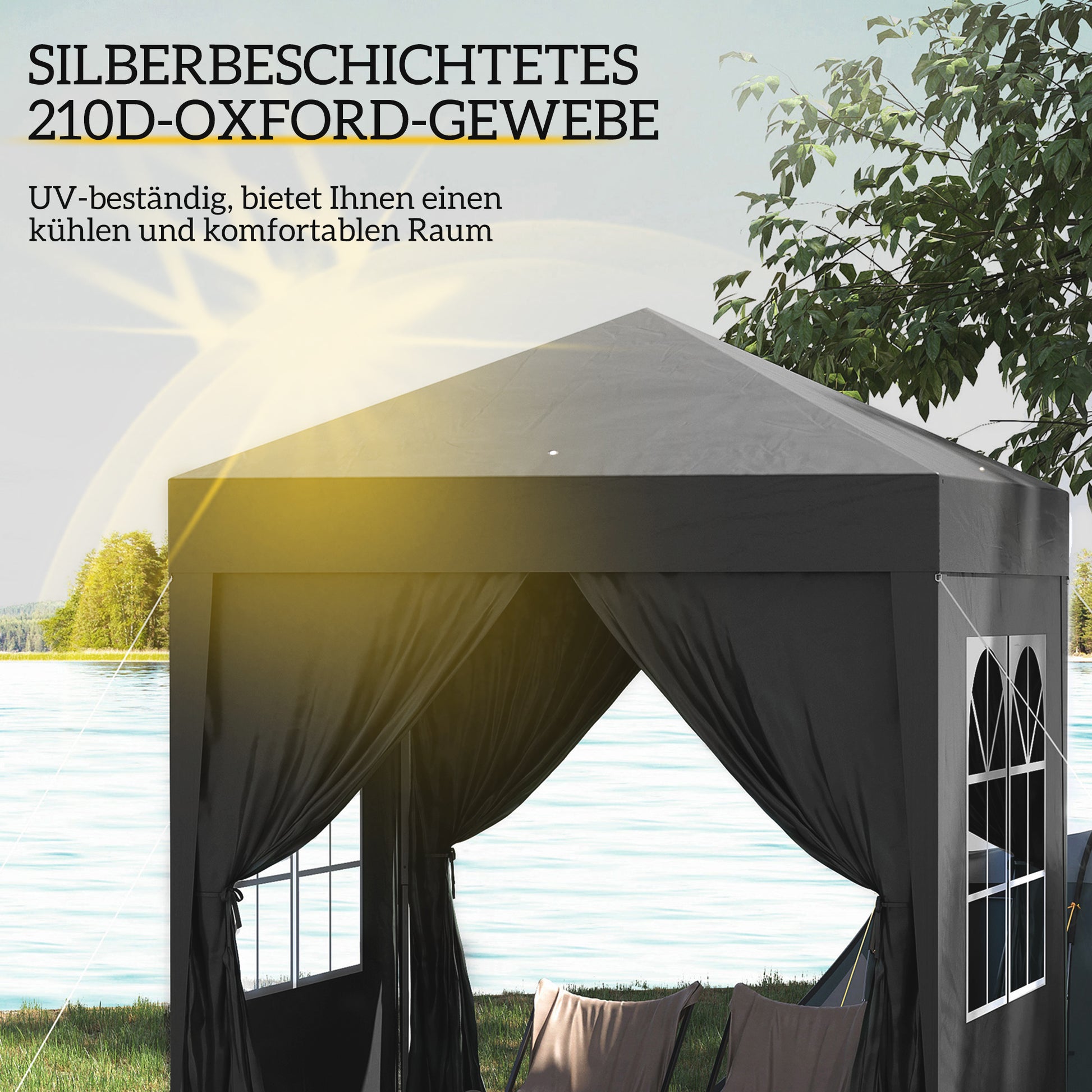 Pavilion 2x2m Waterproof, Pop-up Folding Pavilion with 4 Side Walls, Drainage Holes Window, Foldable Party Tent UV 30+, Garden Gazebo with Carrying Bag, Garden Pavilion for Terrace, Black
