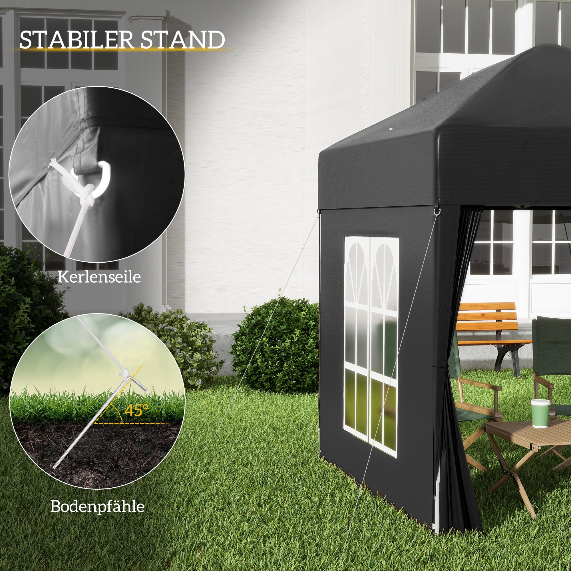 Pavilion 2x2m Waterproof, Pop-up Folding Pavilion with 4 Side Walls, Drainage Holes Window, Foldable Party Tent UV 30+, Garden Gazebo with Carrying Bag, Garden Pavilion for Terrace, Black