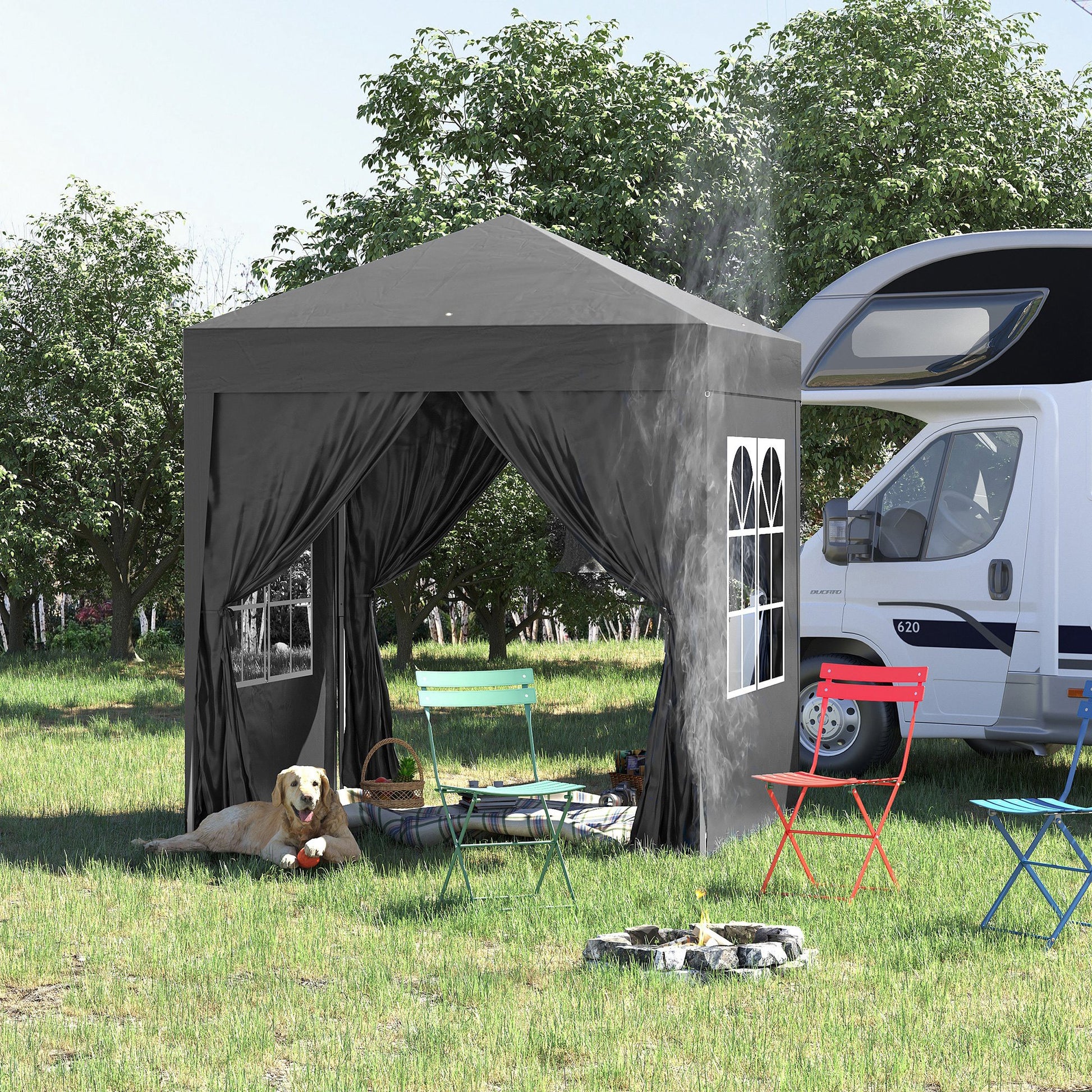 Pavilion 2x2m Waterproof, Pop-up Folding Pavilion with 4 Side Walls, Drainage Holes Window, Foldable Party Tent UV 30+, Garden Gazebo with Carrying Bag, Garden Pavilion for Terrace, Black
