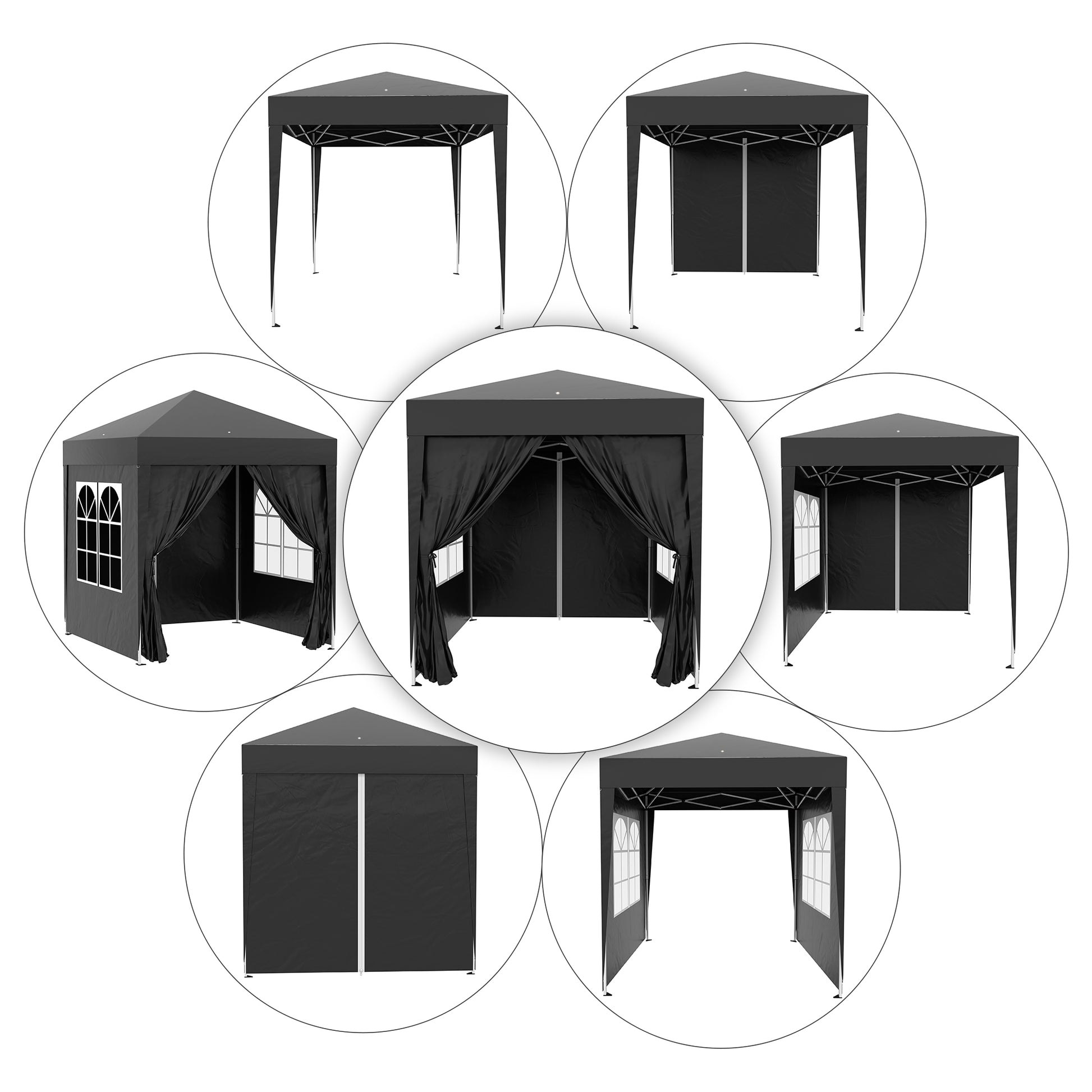 Pavilion 2x2m Waterproof, Pop-up Folding Pavilion with 4 Side Walls, Drainage Holes Window, Foldable Party Tent UV 30+, Garden Gazebo with Carrying Bag, Garden Pavilion for Terrace, Black