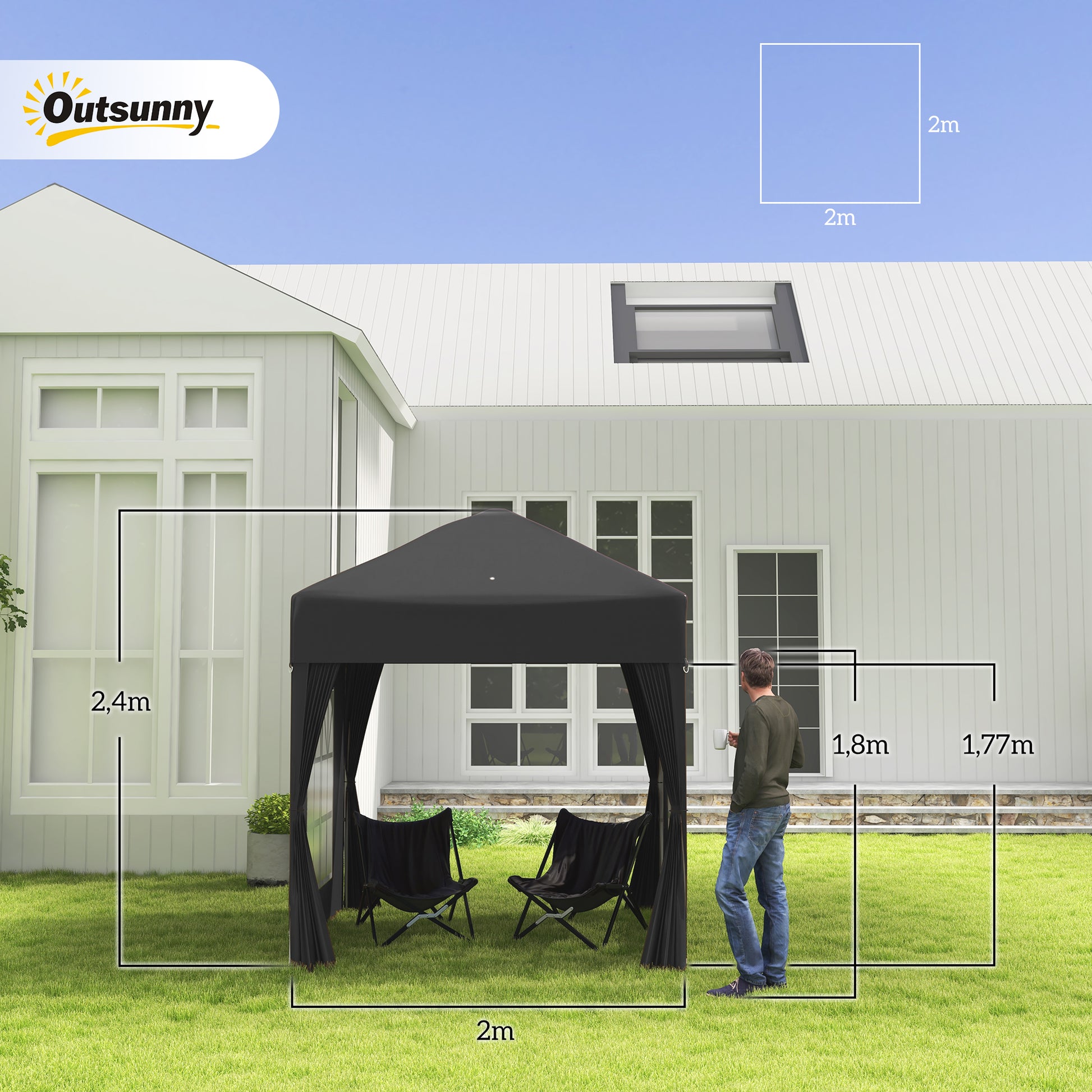 Pavilion 2x2m Waterproof, Pop-up Folding Pavilion with 4 Side Walls, Drainage Holes Window, Foldable Party Tent UV 30+, Garden Gazebo with Carrying Bag, Garden Pavilion for Terrace, Black