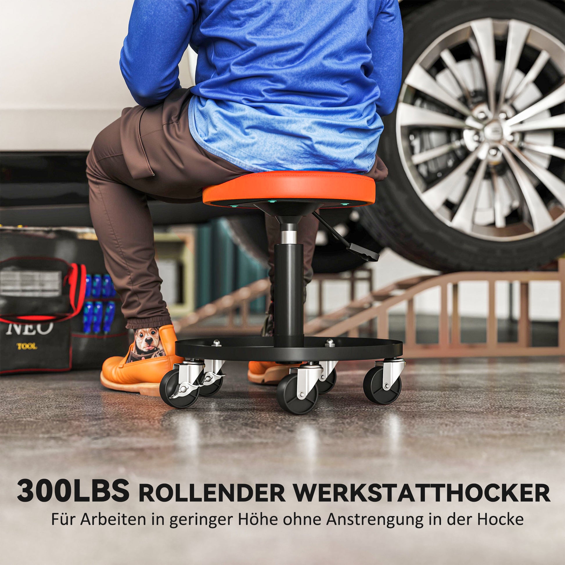 Workshop Stool with Wheels Storage space adjustable height 38-50cm Rolling stool up to 135 kg load-bearing swivel work stool rolling seat swivel stool Ø38 cm workshop seat for workshop Orange