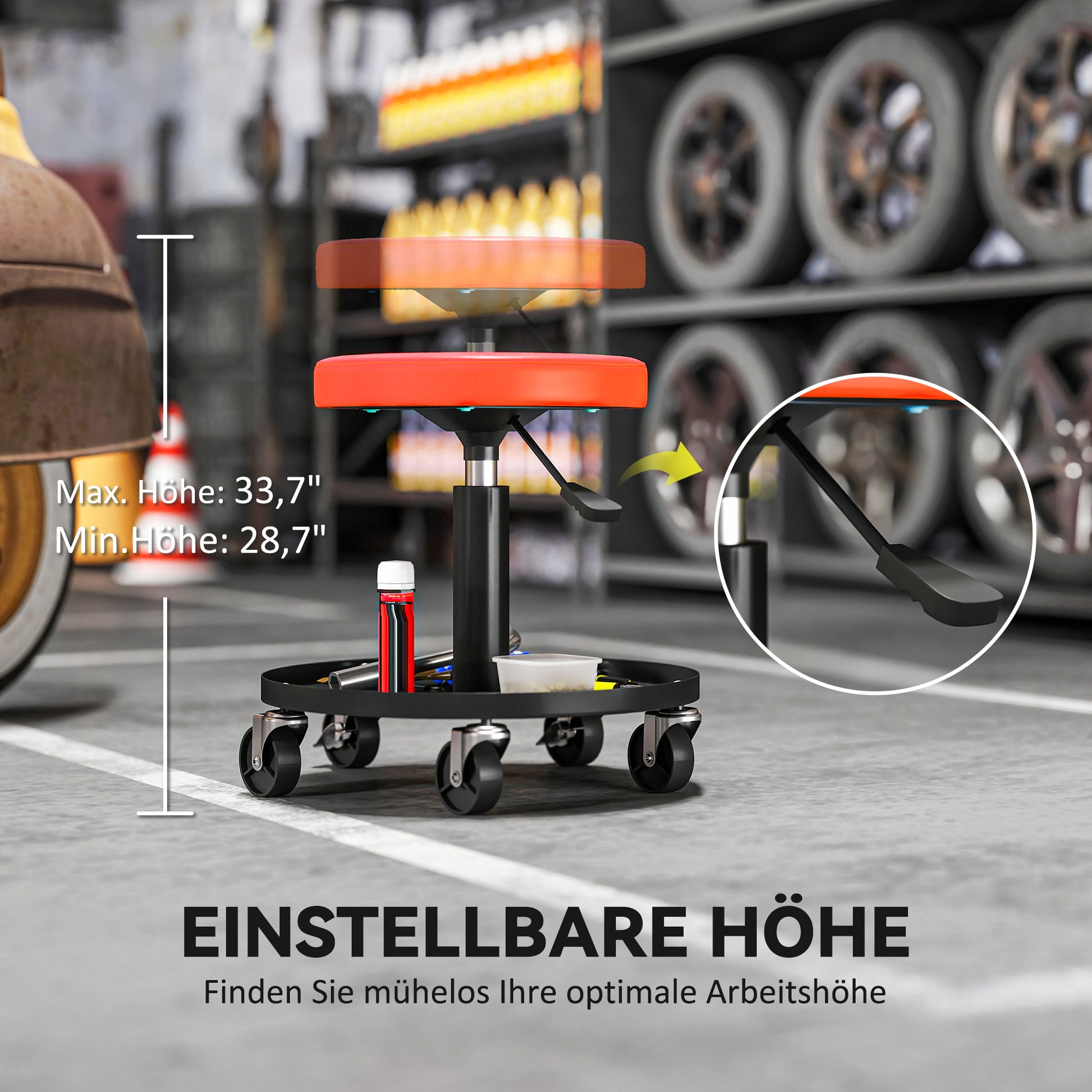 Workshop Stool with Wheels Storage space adjustable height 38-50cm Rolling stool up to 135 kg load-bearing swivel work stool rolling seat swivel stool Ø38 cm workshop seat for workshop Orange
