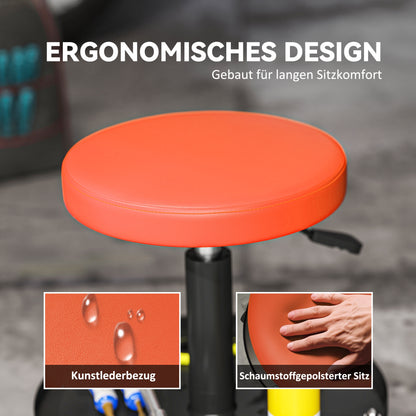 Workshop Stool with Wheels Storage space adjustable height 38-50cm Rolling stool up to 135 kg load-bearing swivel work stool rolling seat swivel stool Ø38 cm workshop seat for workshop Orange