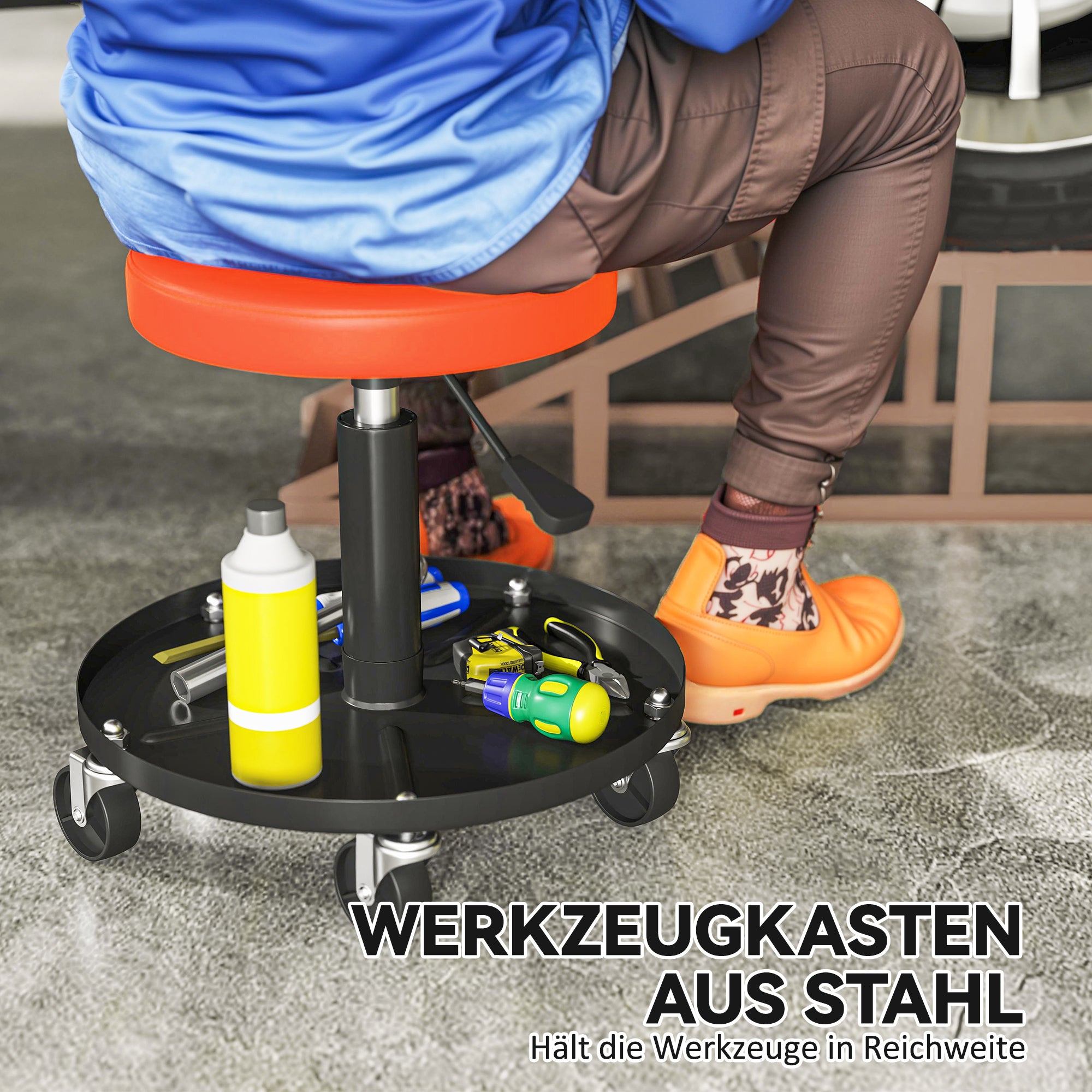 Workshop Stool with Wheels Storage space adjustable height 38-50cm Rolling stool up to 135 kg load-bearing swivel work stool rolling seat swivel stool Ø38 cm workshop seat for workshop Orange