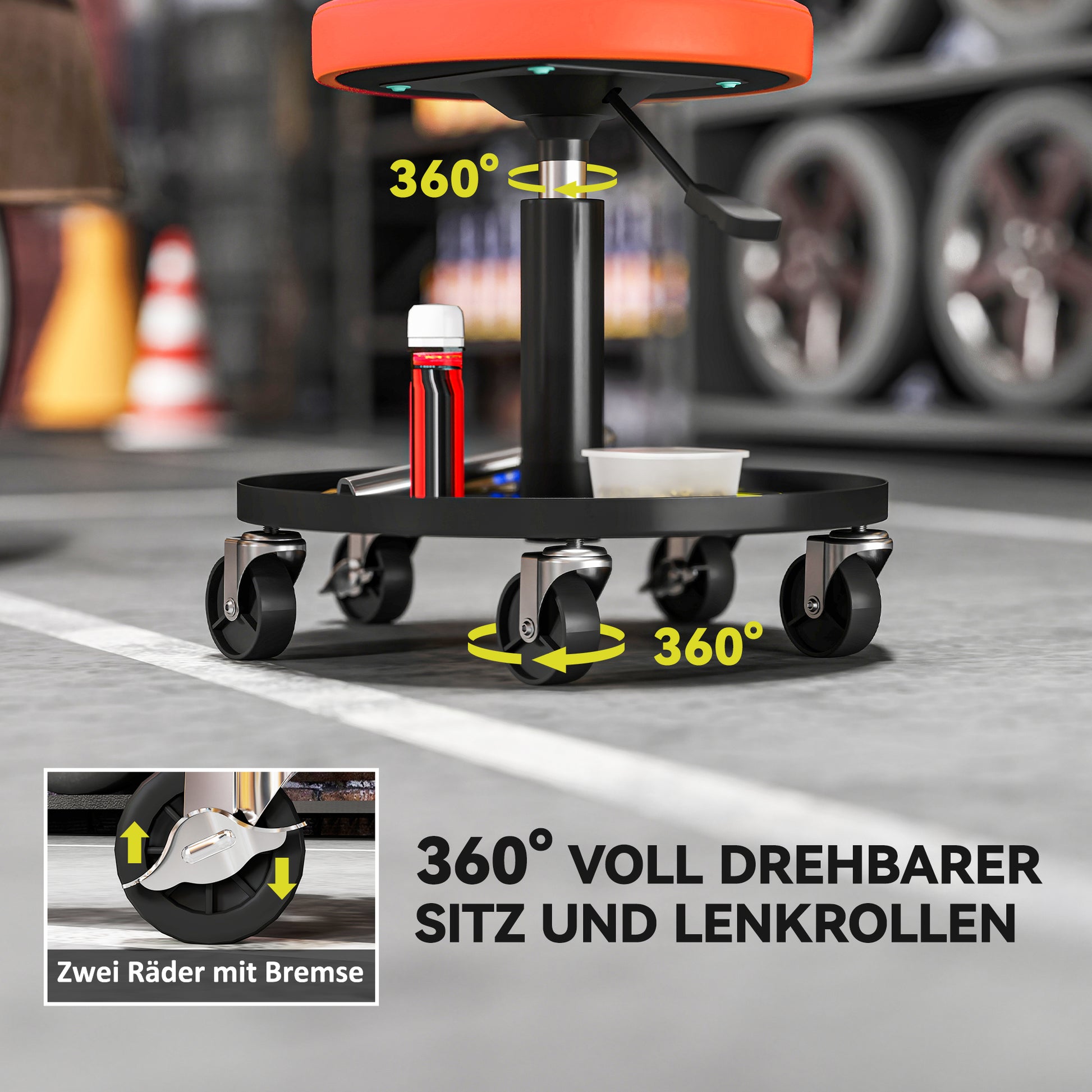 Workshop Stool with Wheels Storage space adjustable height 38-50cm Rolling stool up to 135 kg load-bearing swivel work stool rolling seat swivel stool Ø38 cm workshop seat for workshop Orange