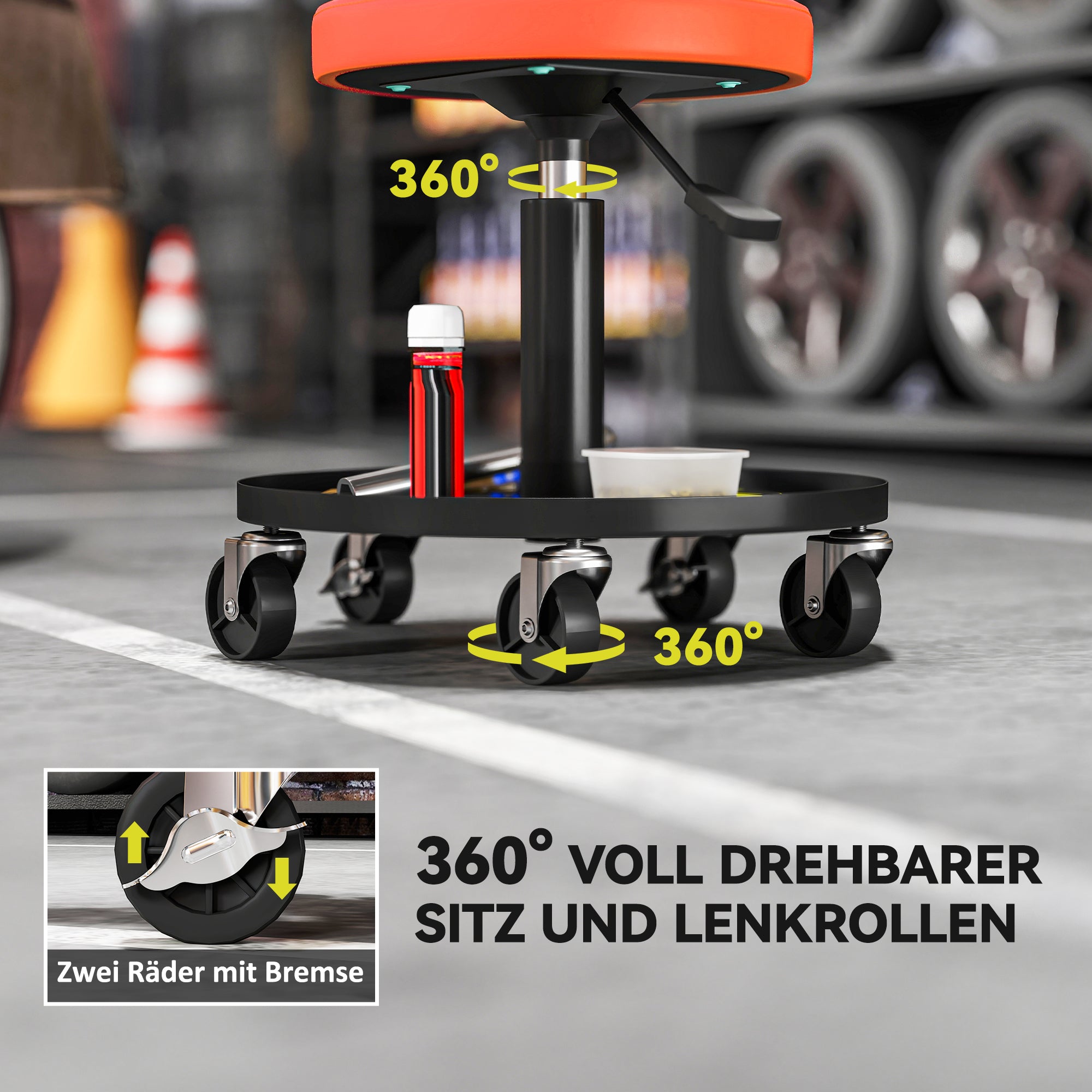 Workshop Stool with Wheels Storage space adjustable height 38-50cm Rolling stool up to 135 kg load-bearing swivel work stool rolling seat swivel stool Ø38 cm workshop seat for workshop Orange