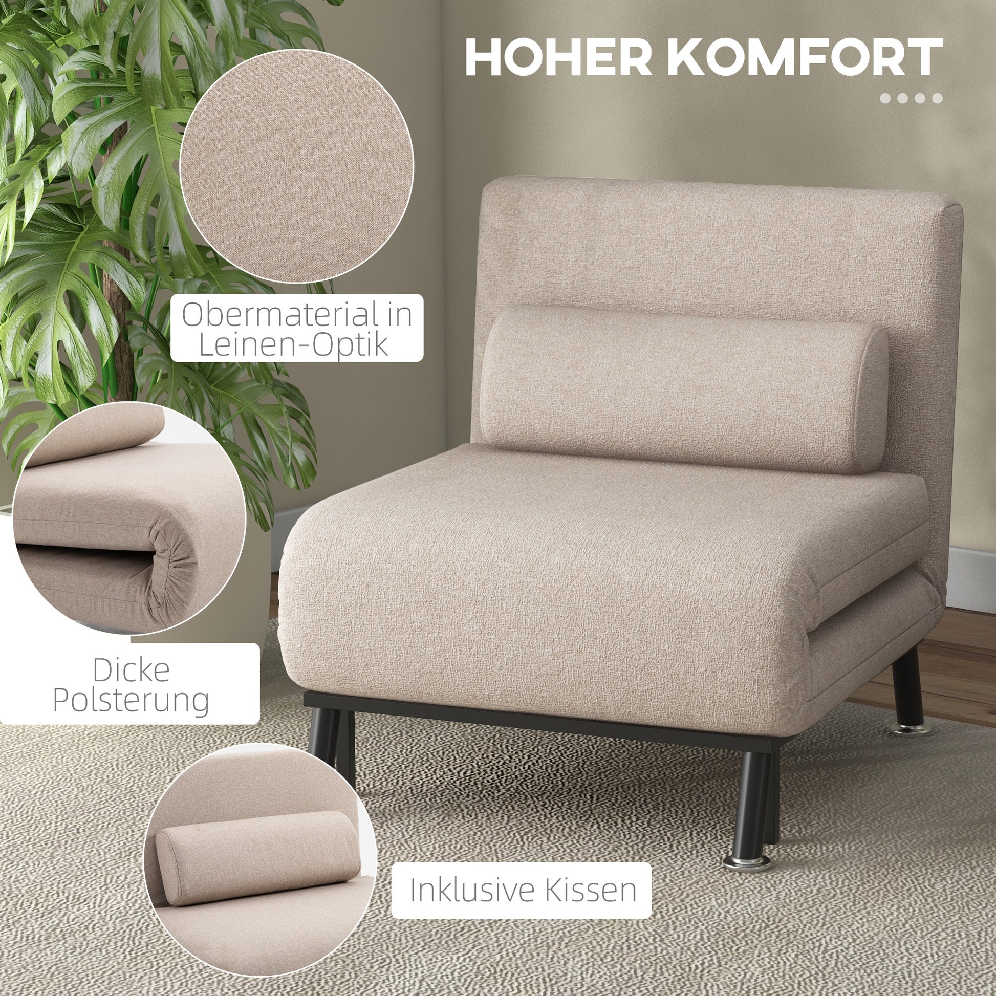 Sleeper Chair, Folding Chair with Bed Function, Back Cushion, Foldable Recliner in Linen Look, Adjustable Backrest, Holds up to 150 kg, for Living Room, Beige