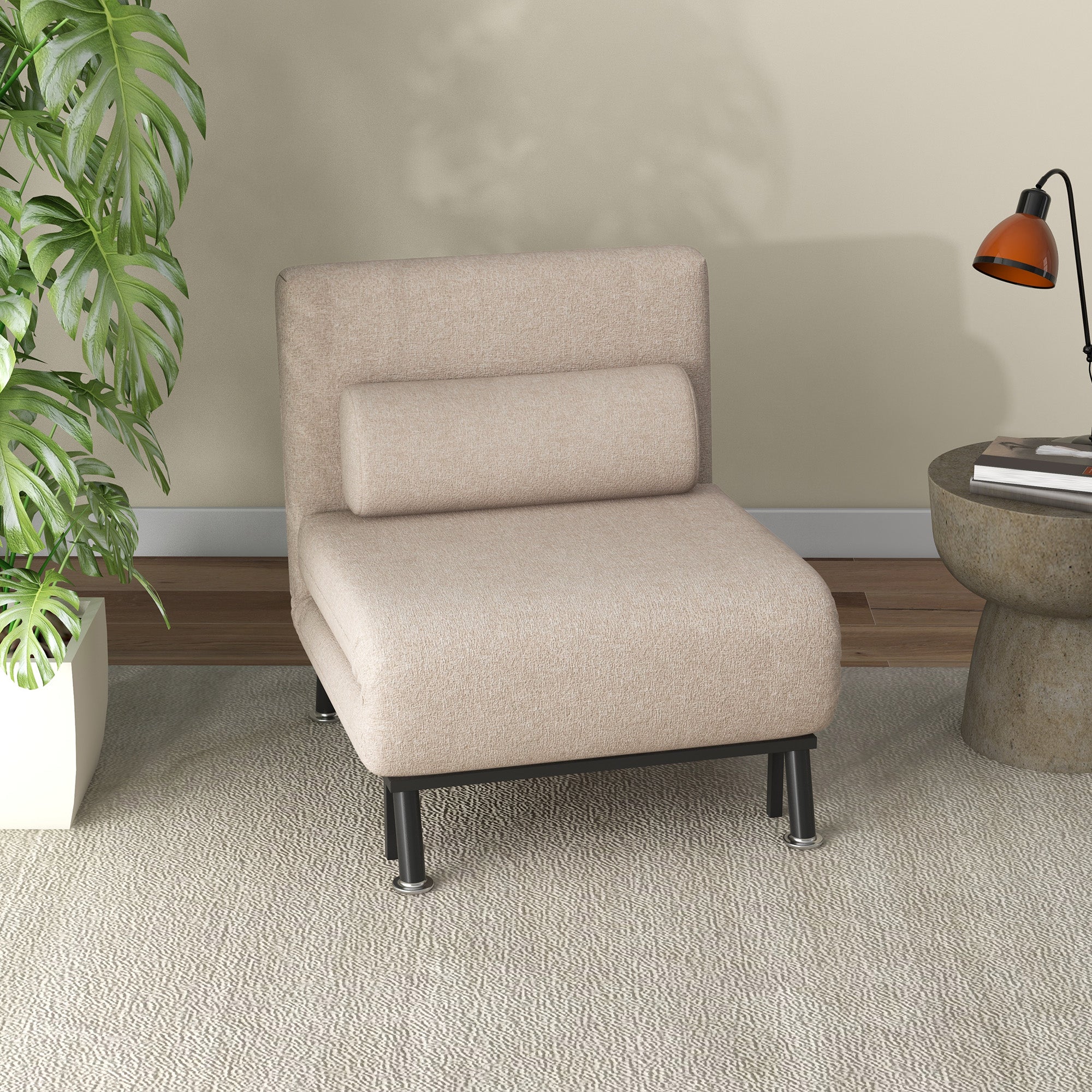 Sleeper Chair, Folding Chair with Bed Function, Back Cushion, Foldable Recliner in Linen Look, Adjustable Backrest, Holds up to 150 kg, for Living Room, Beige