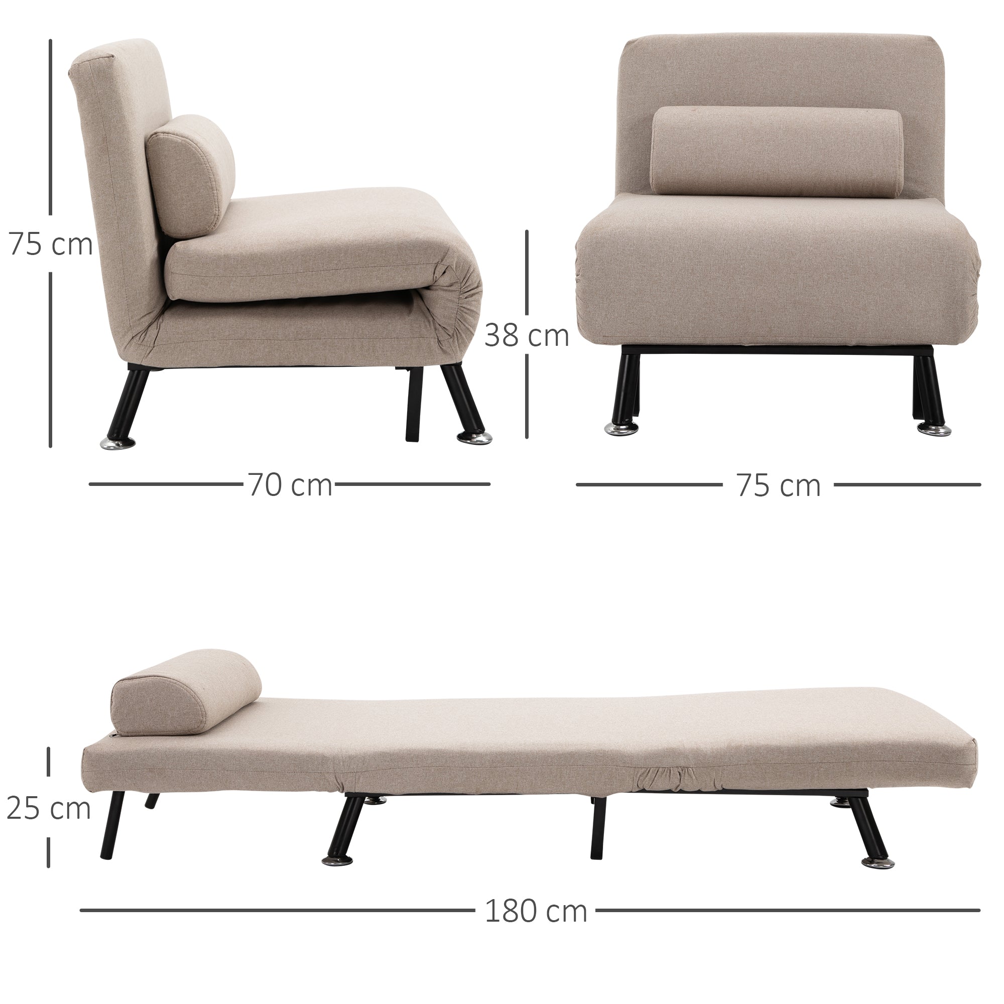 Sleeper Chair, Folding Chair with Bed Function, Back Cushion, Foldable Recliner in Linen Look, Adjustable Backrest, Holds up to 150 kg, for Living Room, Beige