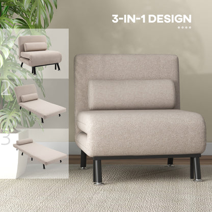 Sleeper Chair, Folding Chair with Bed Function, Back Cushion, Foldable Recliner in Linen Look, Adjustable Backrest, Holds up to 150 kg, for Living Room, Beige