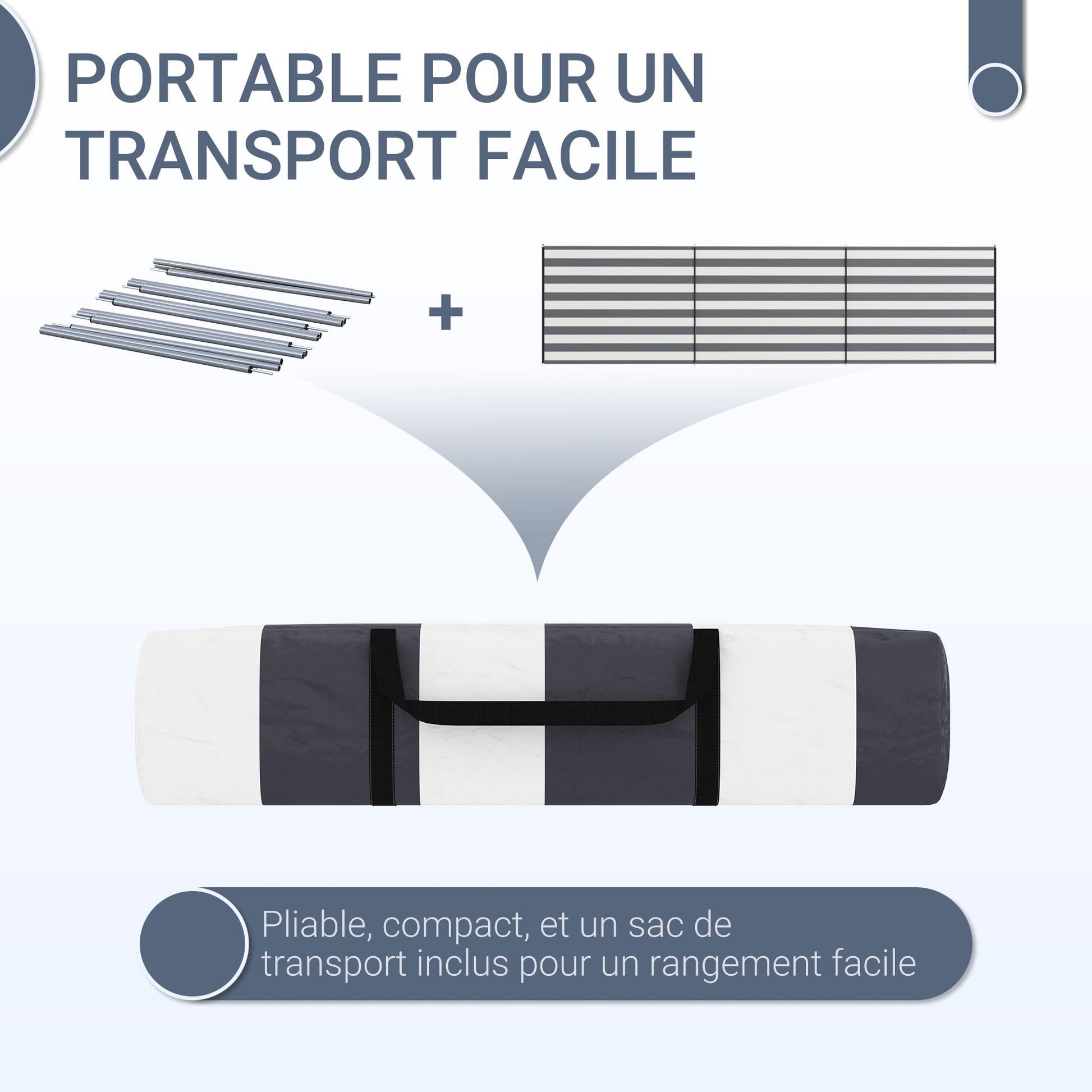 Portable Folding Camping Windbreak with Steel Poles and Carry Bag dim. 540 cm x 150 cm Gray and White