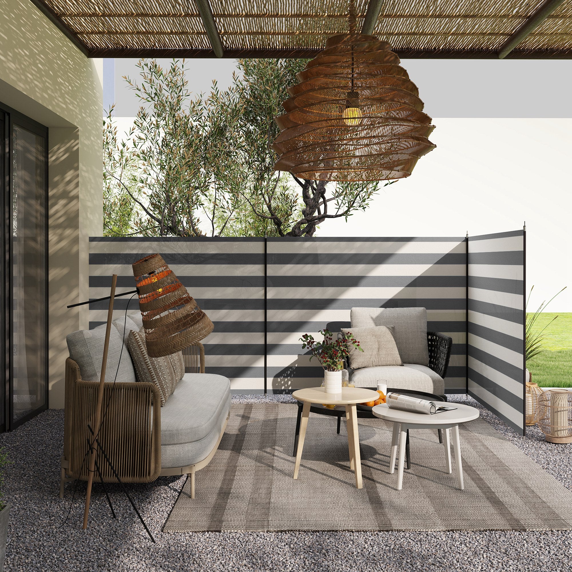 Portable Folding Camping Windbreak with Steel Poles and Carry Bag dim. 540 cm x 150 cm Gray and White