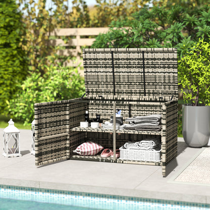 Rattan Cushion Box 350L 2-tier Weatherproof Storage Box with Lid Lifting Rods Carry Handles UV Resistant Garden Box Storage Chest for Garden Patio Balcony 118x57x69 cm Mixed Grey