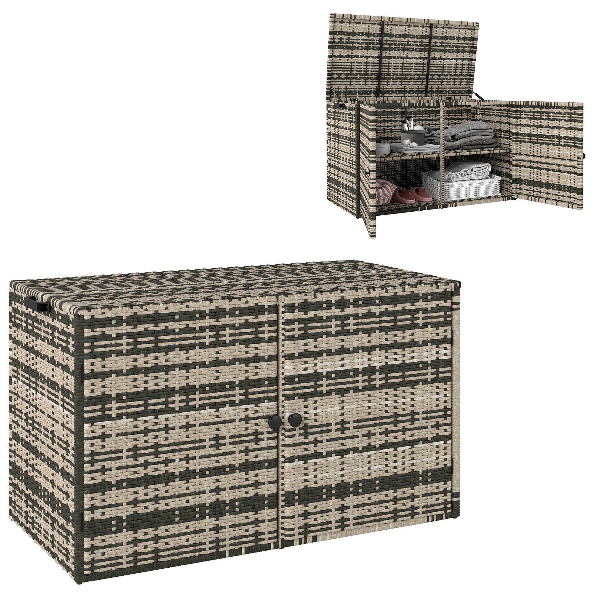 Rattan Cushion Box 350L 2-tier Weatherproof Storage Box with Lid Lifting Rods Carry Handles UV Resistant Garden Box Storage Chest for Garden Patio Balcony 118x57x69 cm Mixed Grey