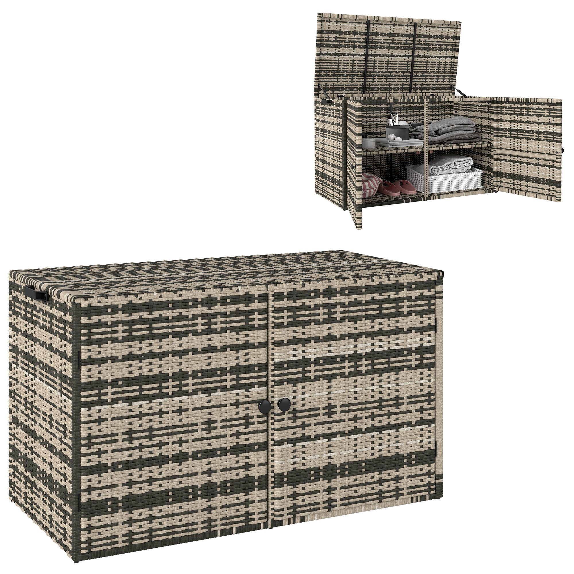 Rattan Cushion Box 350L 2-tier Weatherproof Storage Box with Lid Lifting Rods Carry Handles UV Resistant Garden Box Storage Chest for Garden Patio Balcony 118x57x69 cm Mixed Grey